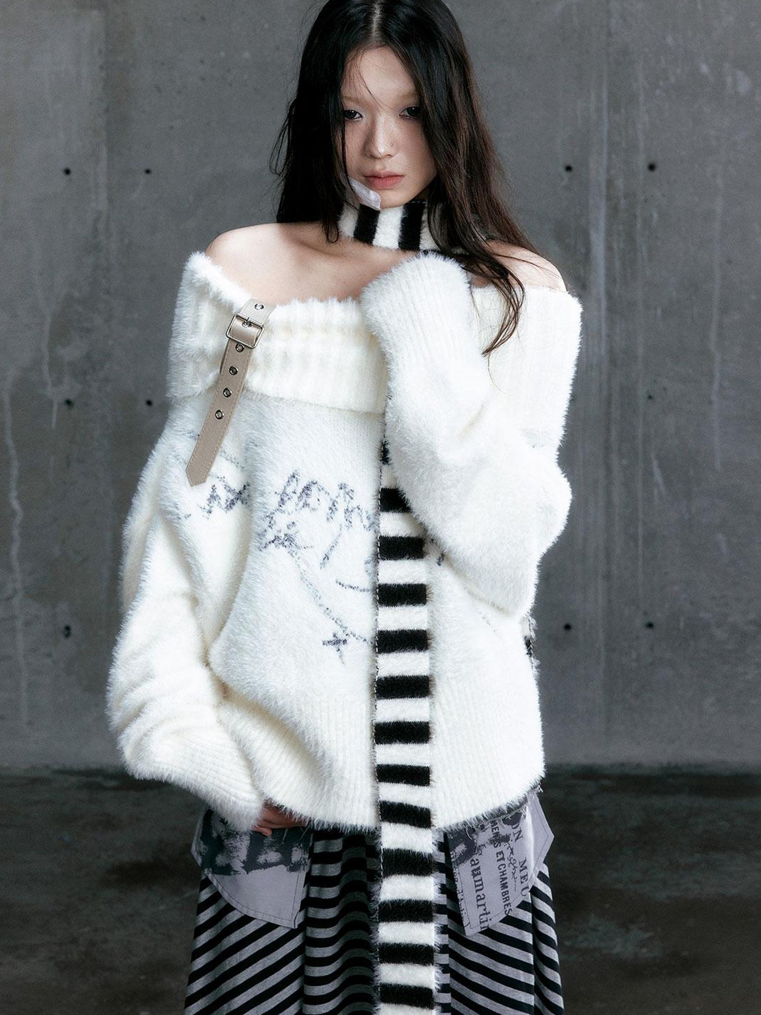 Update Cest Nous Chain Jacquard Detachable Belt Punk Collar Loose Sweater