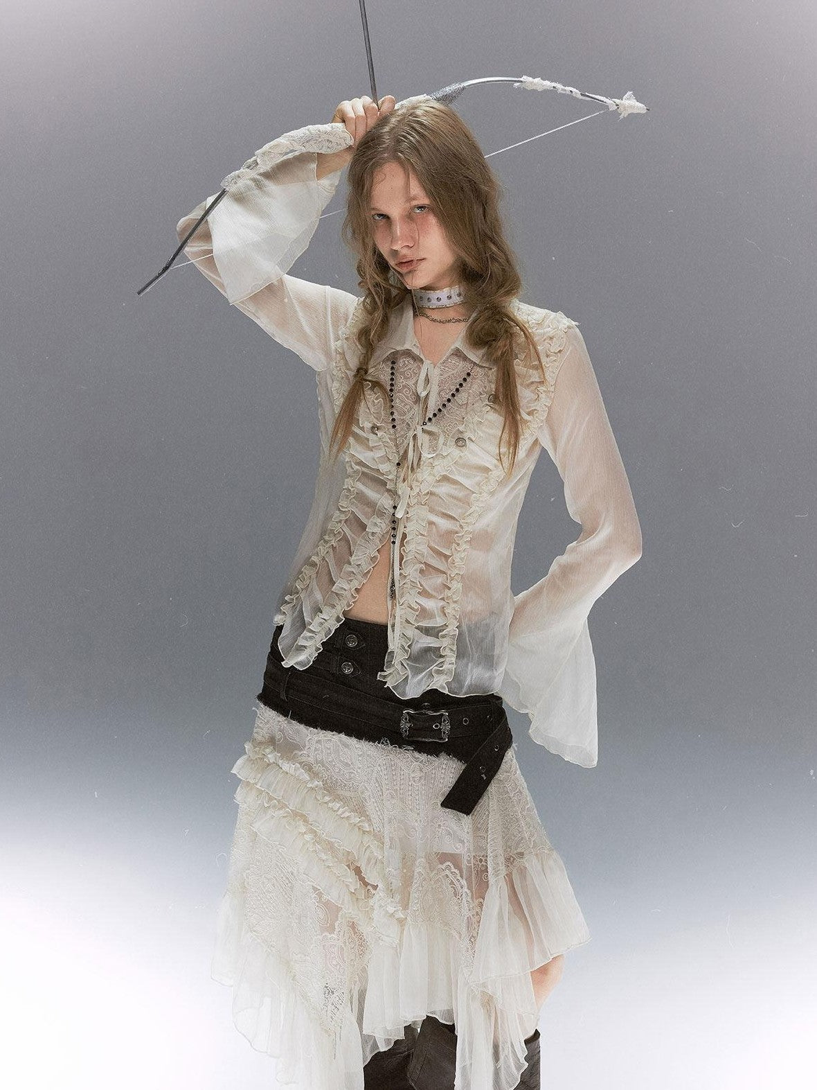 Cest Nous Court Lace Pleated Collared Placket Long Sleeve Women&