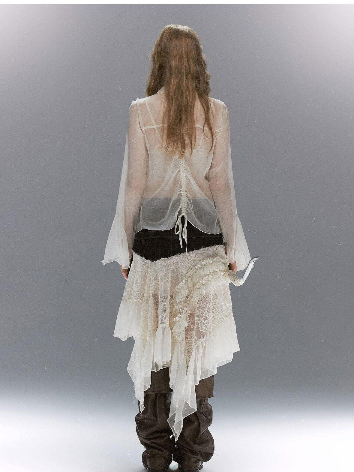 Cest Nous Court Lace Pleated Collared Placket Long Sleeve Women&