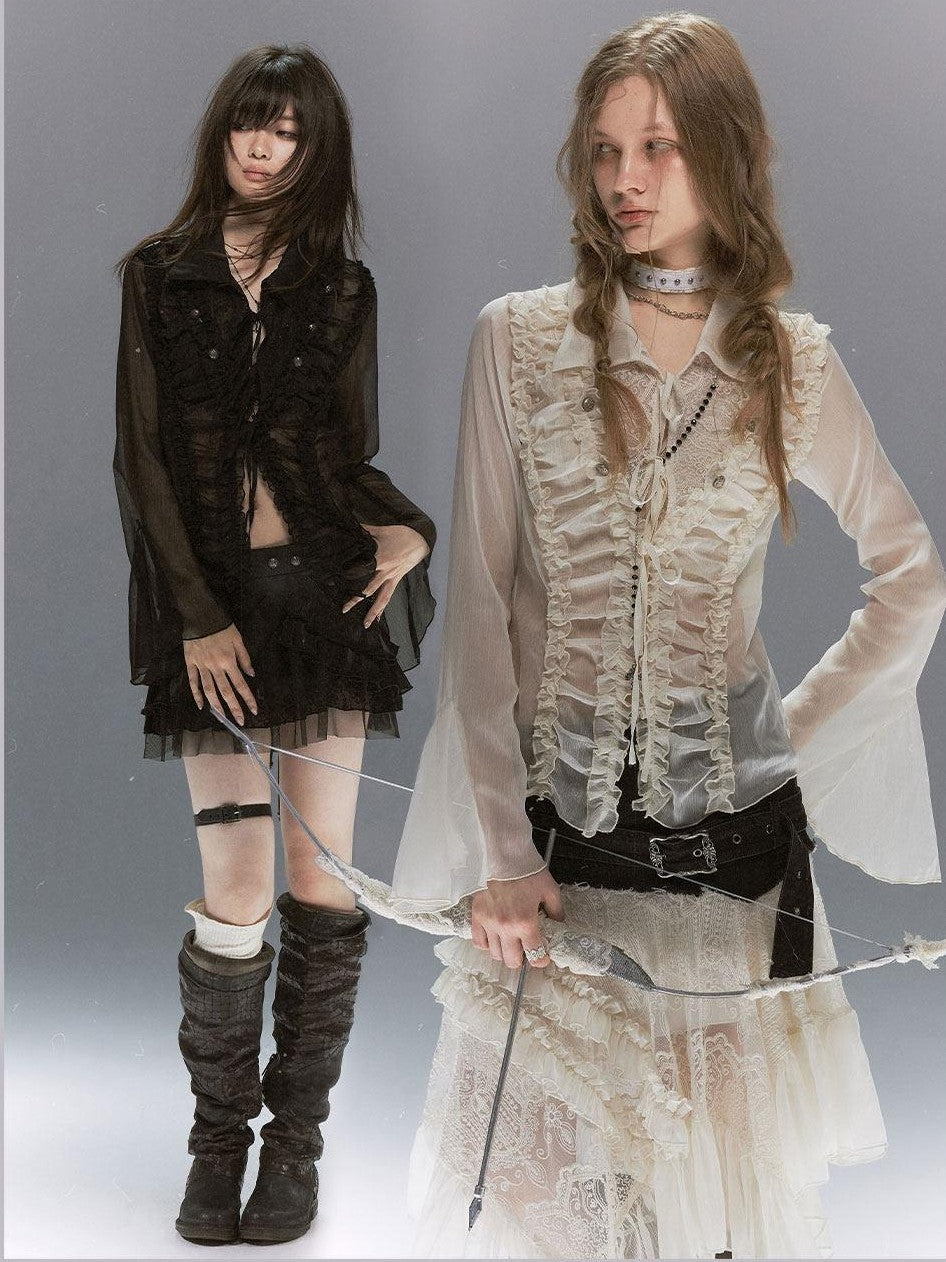 Cest Nous Court Lace Pleated Collared Placket Long Sleeve Women&