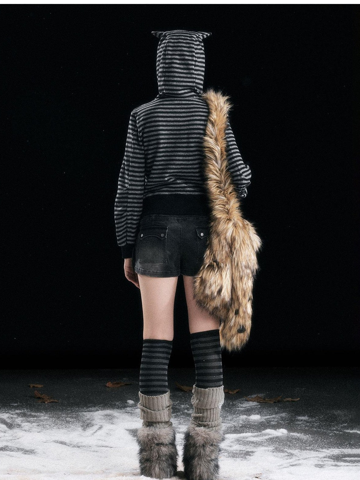 Cest Nous Cozy Loose Fit Striped Pullover Hooded Long Sleeve Commuter Black Gray Hoodies