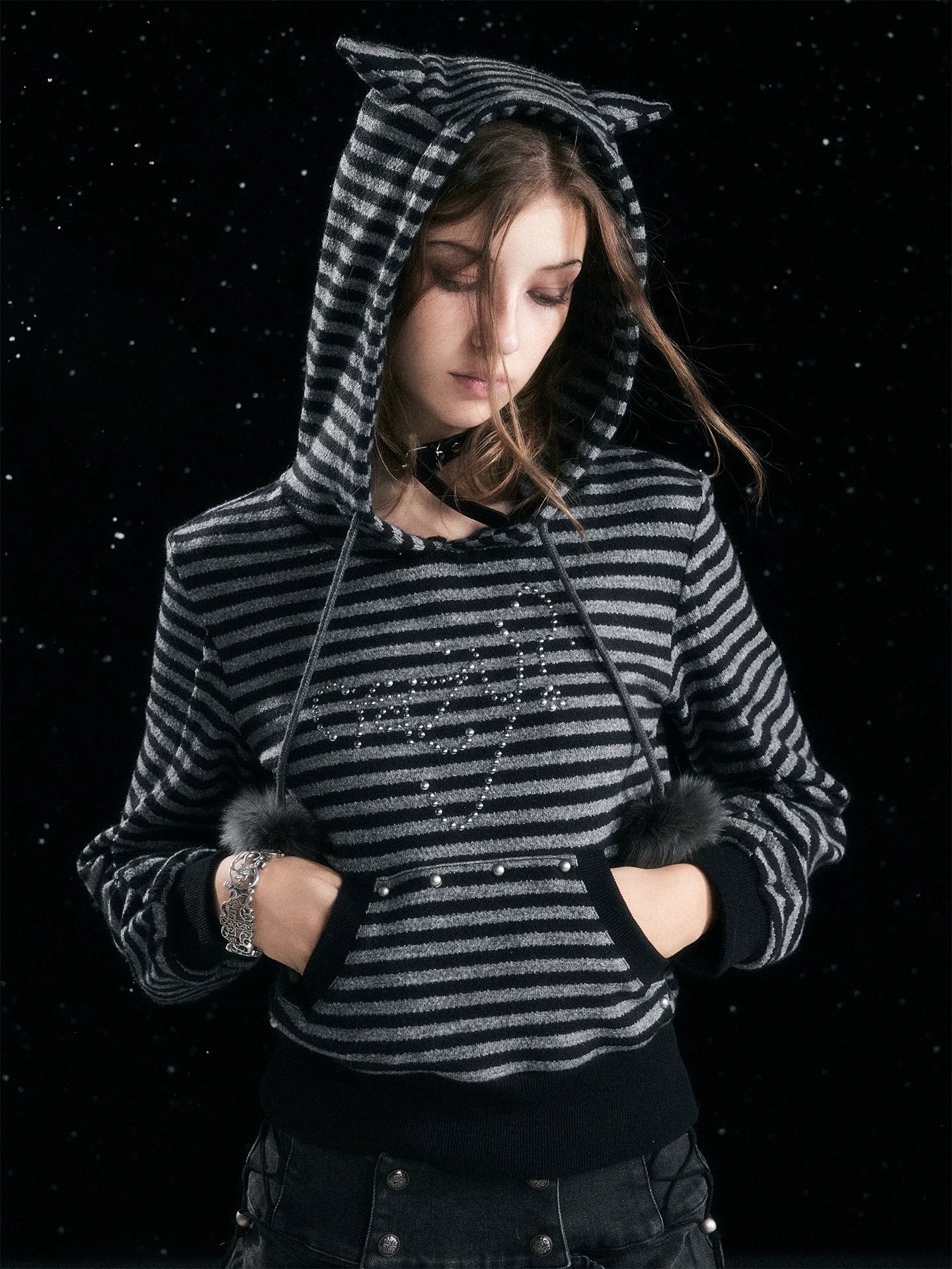 Cest Nous Cozy Loose Fit Striped Pullover Hooded Long Sleeve Commuter Black Gray Hoodies-1