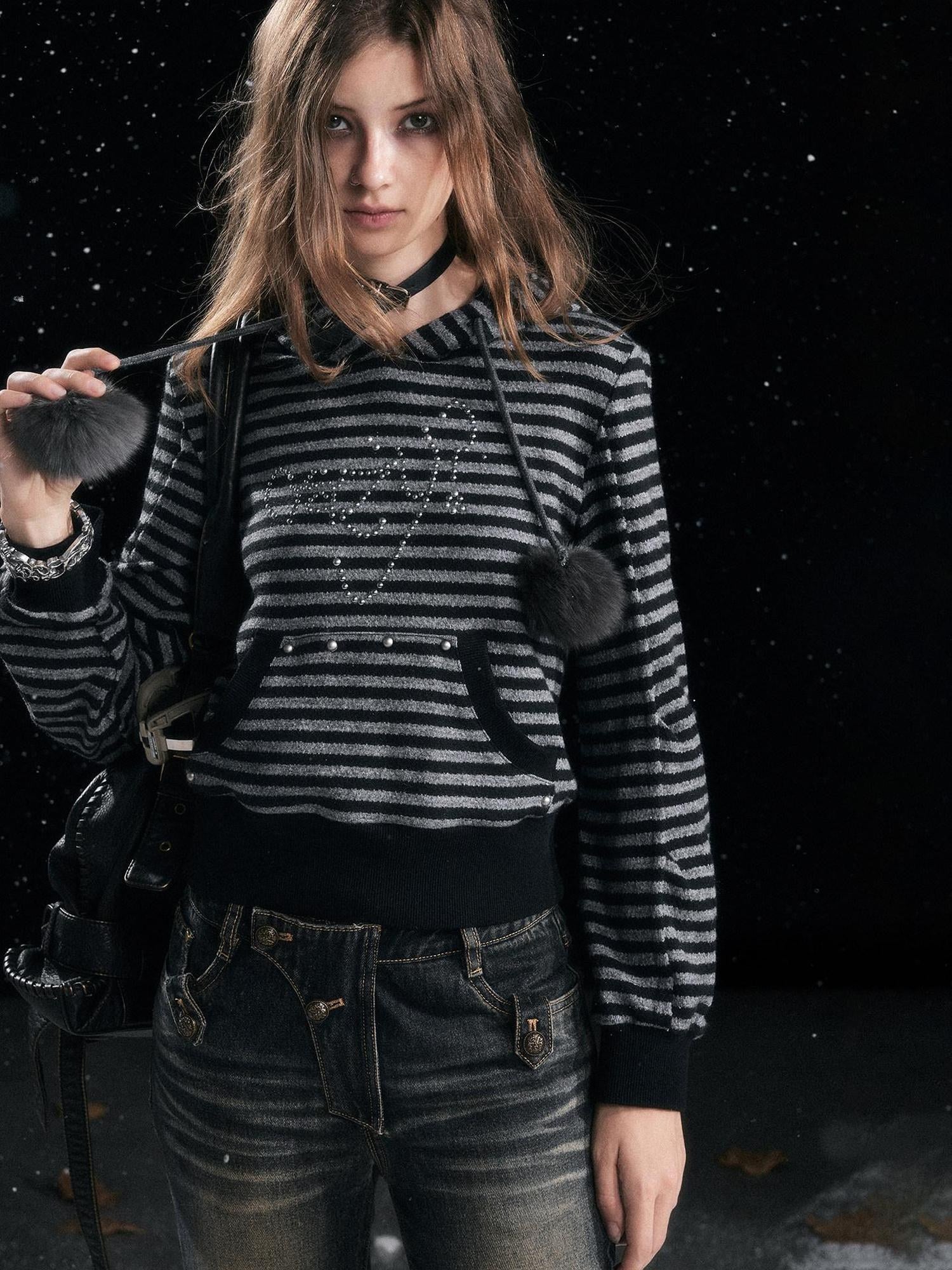 Cest Nous Cozy Loose Fit Striped Pullover Hooded Long Sleeve Commuter Black Gray Hoodies