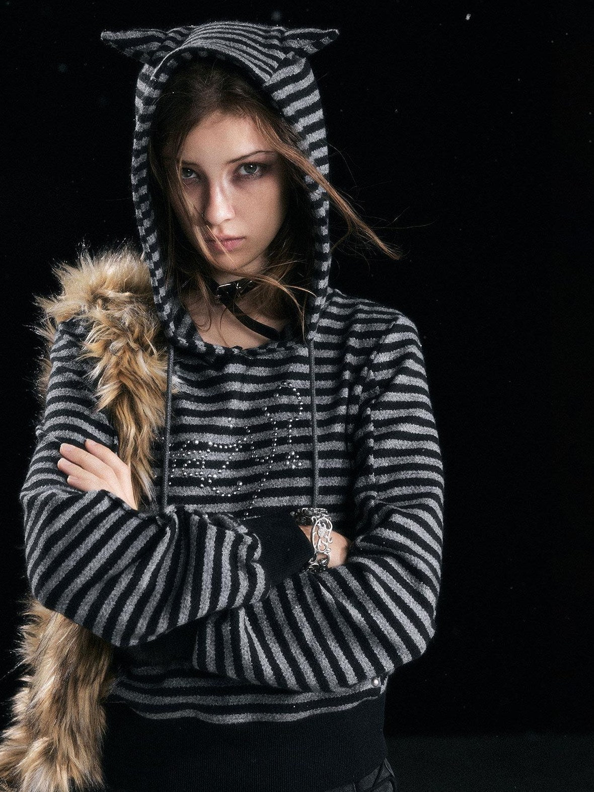 Cest Nous Cozy Loose Fit Striped Pullover Hooded Long Sleeve Commuter Black Gray Hoodies