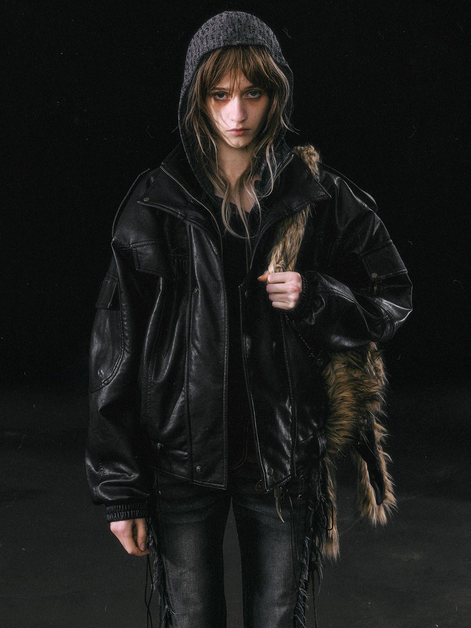 Cest Nous Cropped Detachable Fur Collar Flight Padded Women&