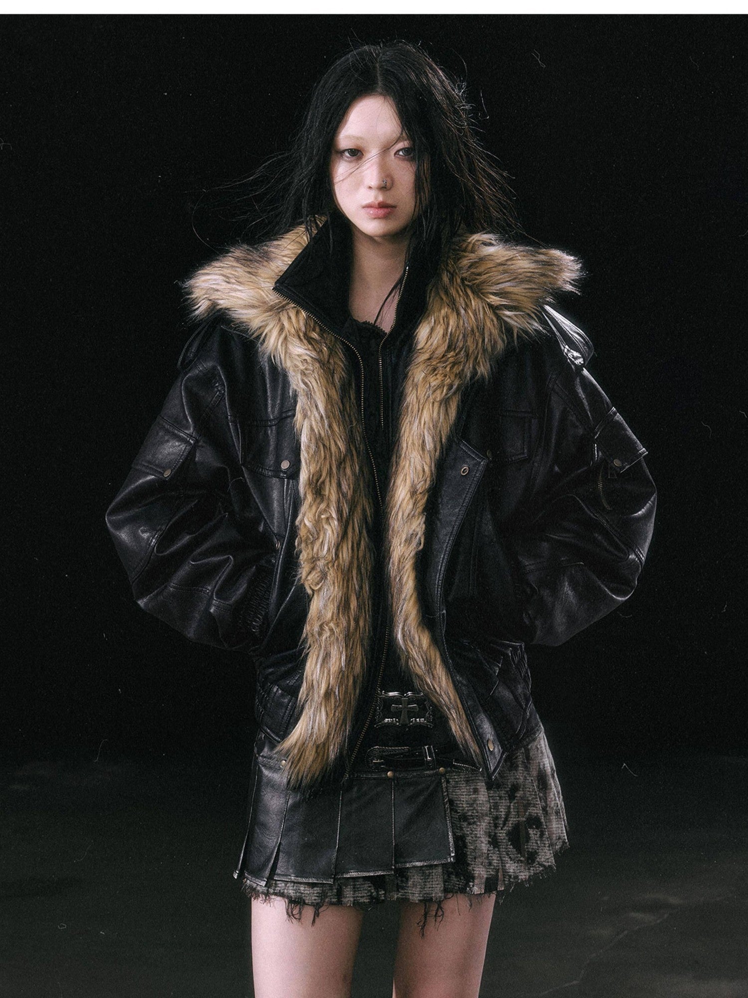 Cest Nous Cropped Detachable Fur Collar Flight Padded Women&