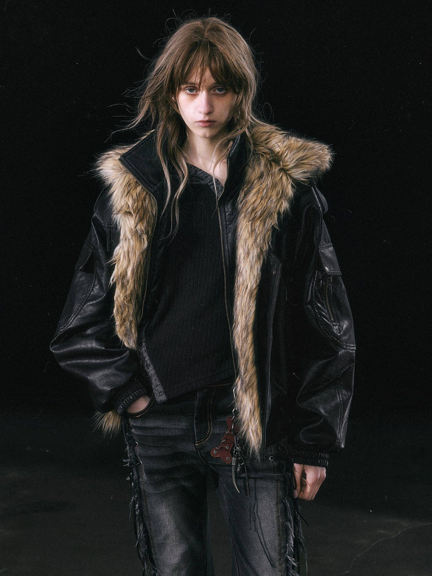 Cest Nous Cropped Detachable Fur Collar Flight Padded Women&