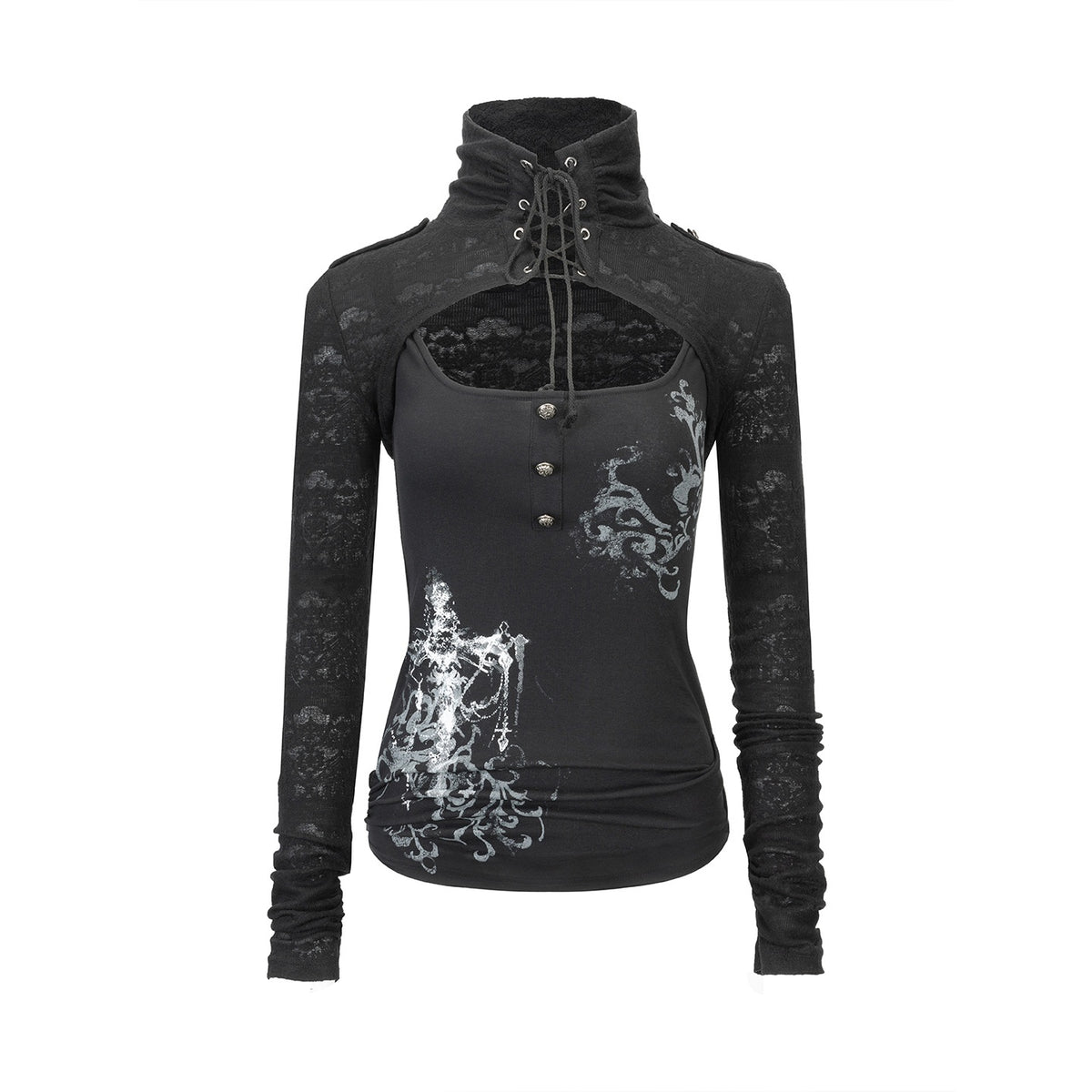 Cest_Nous_Dark_Court_Lace_Up_High_Neck_Silver_Print_Fake_Two_Piece_Women&