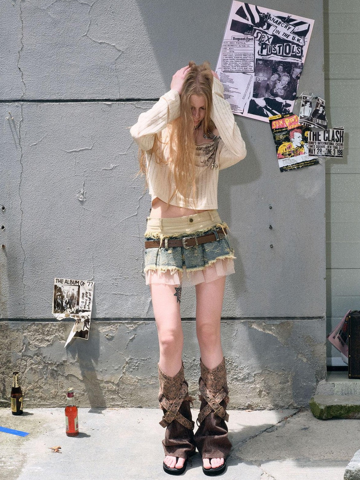 Cest Nous Denim Mesh Reworked Splice Ruched High Waist Women&