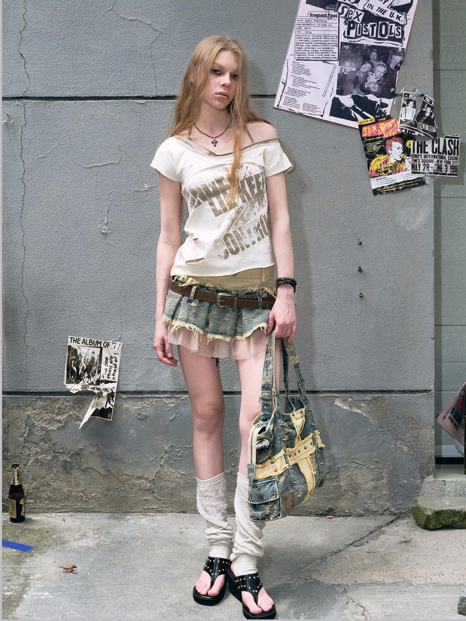 Cest Nous Denim Mesh Reworked Splice Ruched High Waist Women&