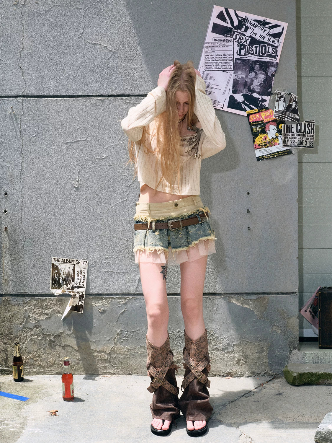Cest Nous Denim Mesh Reworked Splice Ruched High Waist Women&