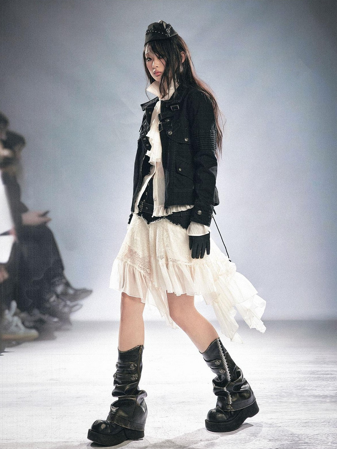 Cest Nous Detachable Punk Style Long Sleeve Zipper Women Black Grey Cotton Blend Jacket