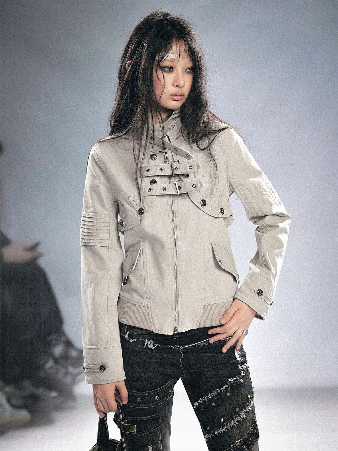 Cest Nous Detachable Punk Style Long Sleeve Zipper Women Black Grey Cotton Blend Jacket