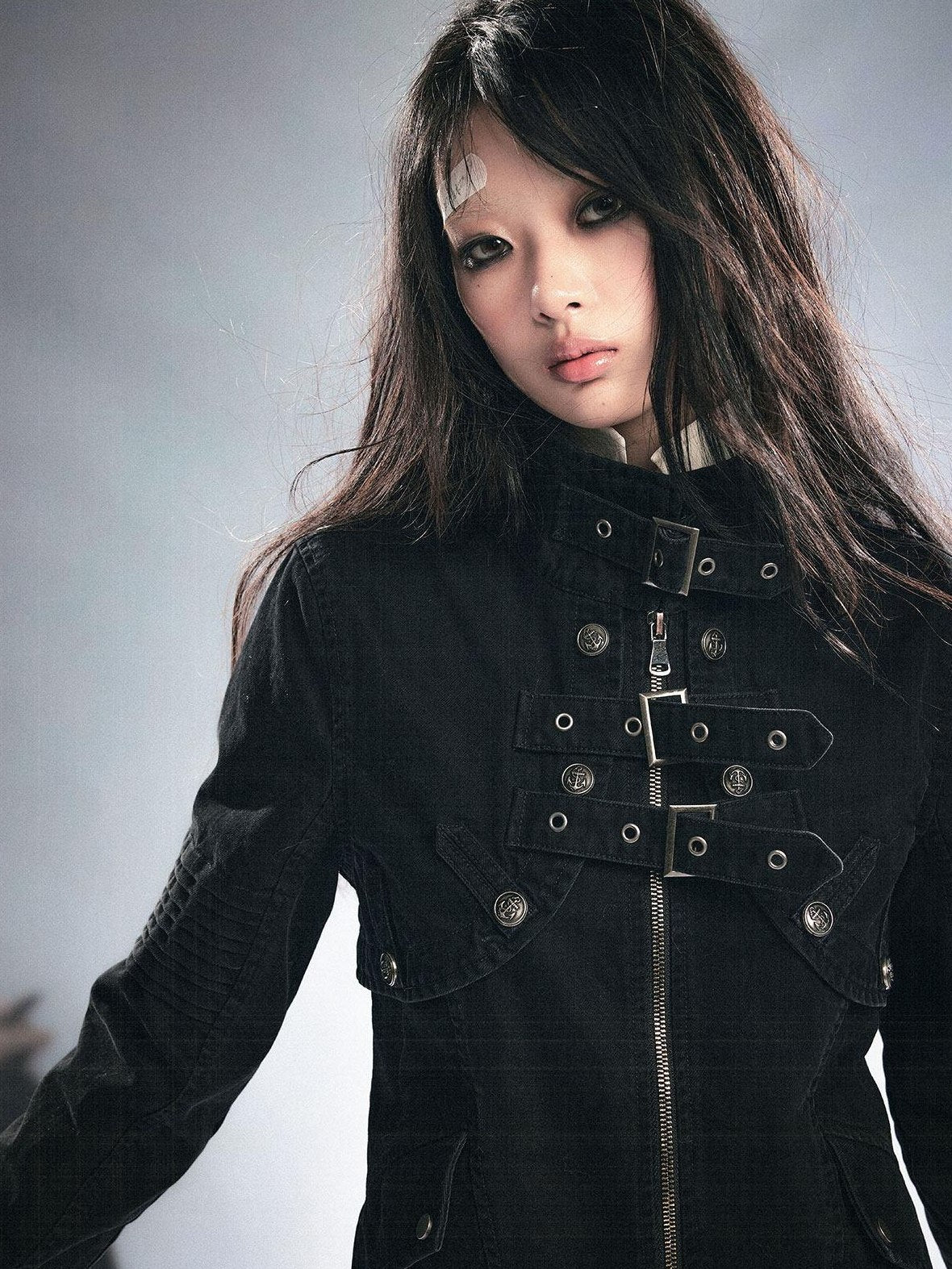 Cest Nous Detachable Punk Style Long Sleeve Zipper Women Black Grey Cotton Blend Jacket