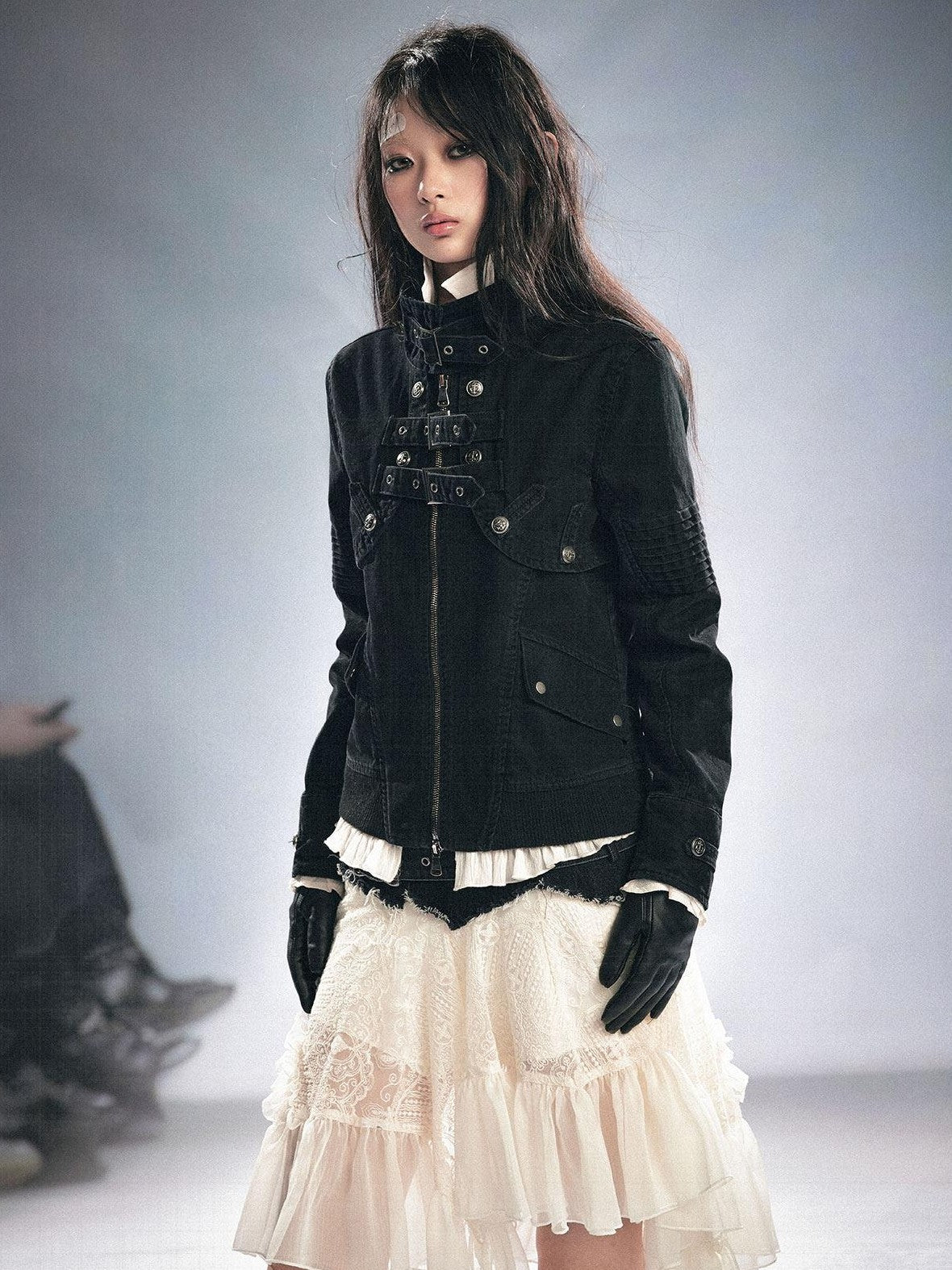 Cest Nous Detachable Punk Style Long Sleeve Zipper Women Black Grey Cotton Blend Jacket