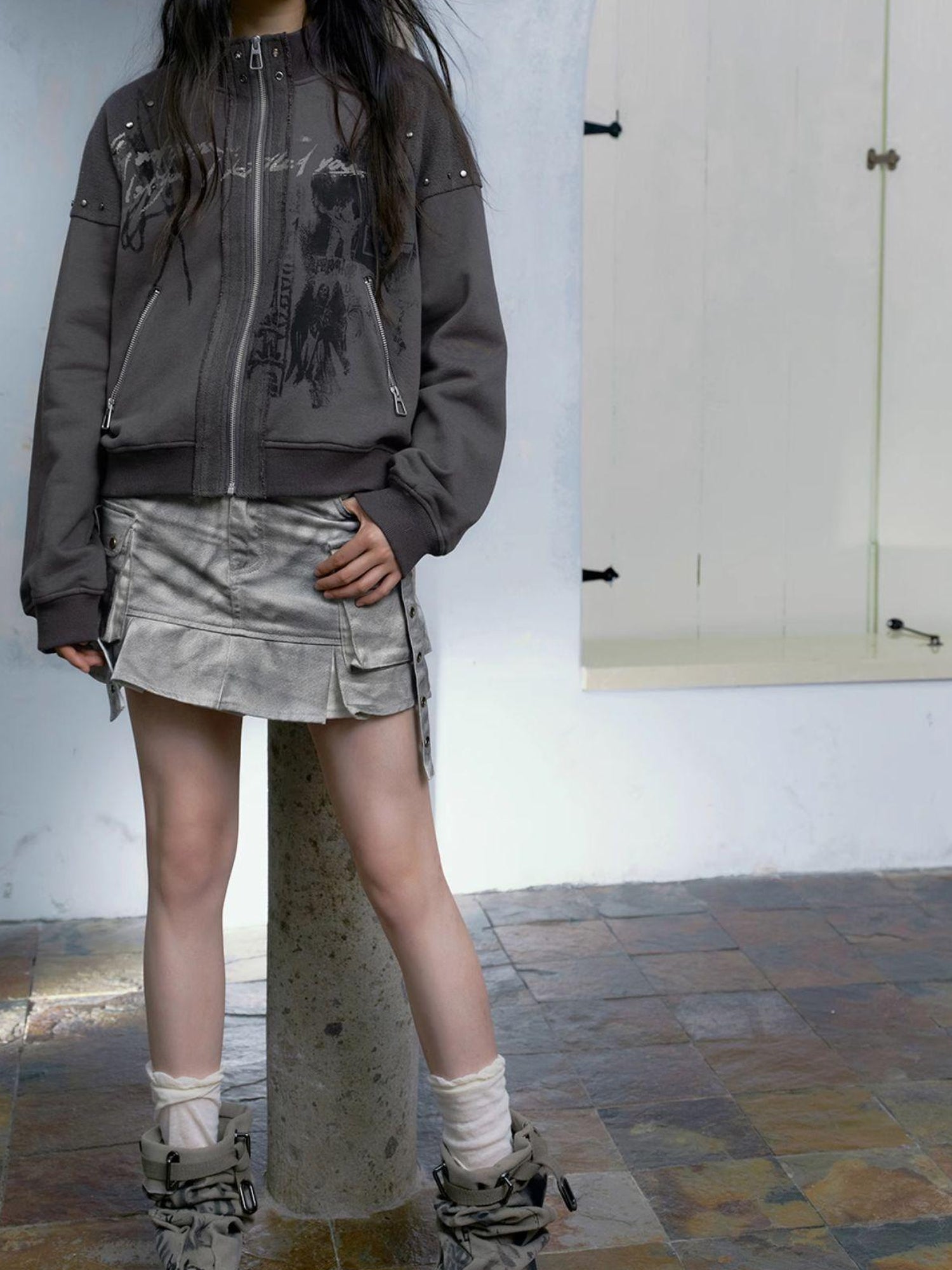 Cest Nous Dirty Wash Utility Pleated Skirt