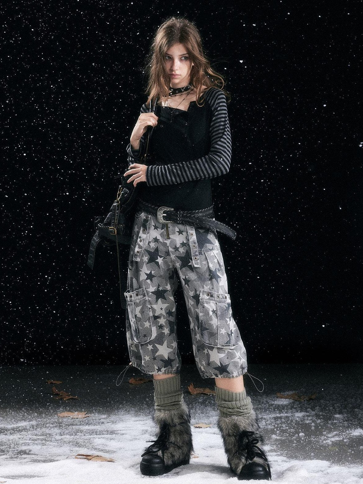 Cest Nous Distressed Camouflage Cargo Natural Waist Cuffed Straight Leg Women Pants