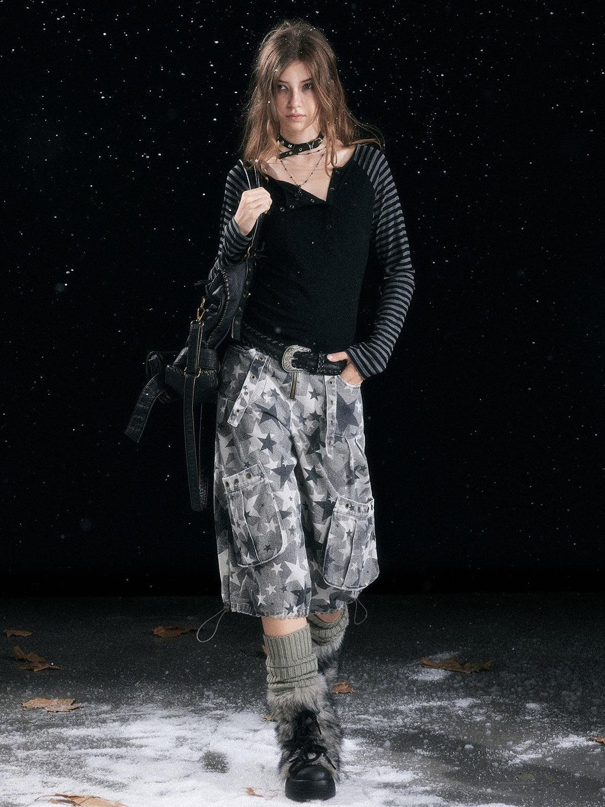 Cest Nous Distressed Camouflage Cargo Natural Waist Cuffed Straight Leg Women Pants