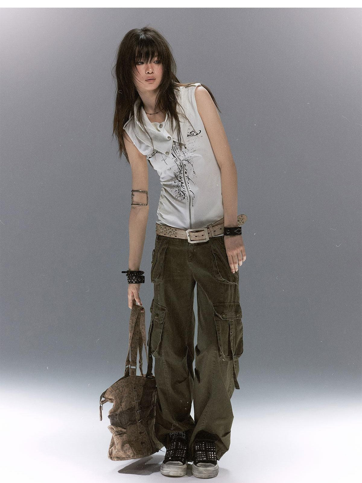 Cest Nous Distressed Multi Pocket Dual Waist Contrast Military Women&