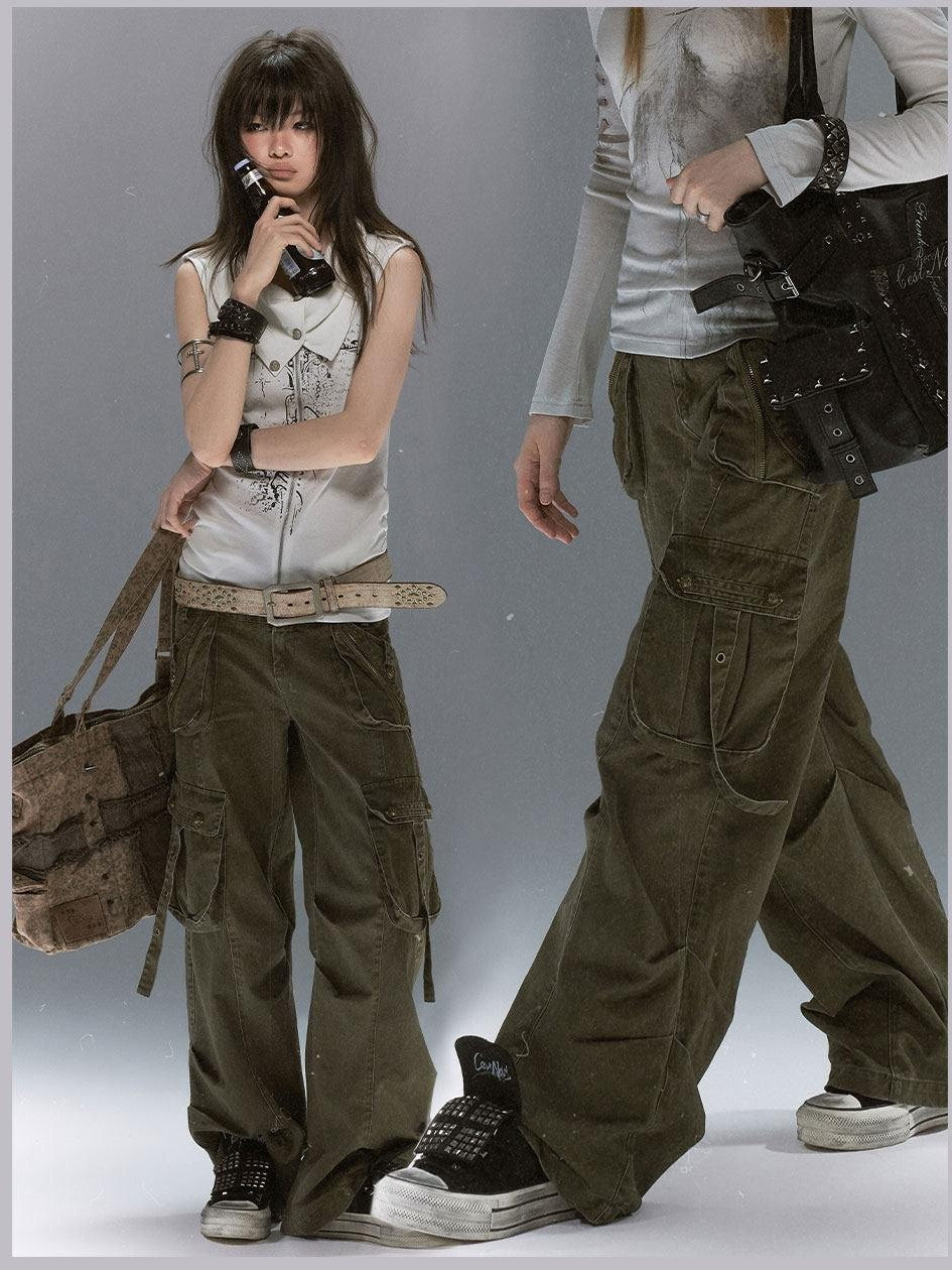 Cest Nous Distressed Multi Pocket Dual Waist Contrast Military Women&
