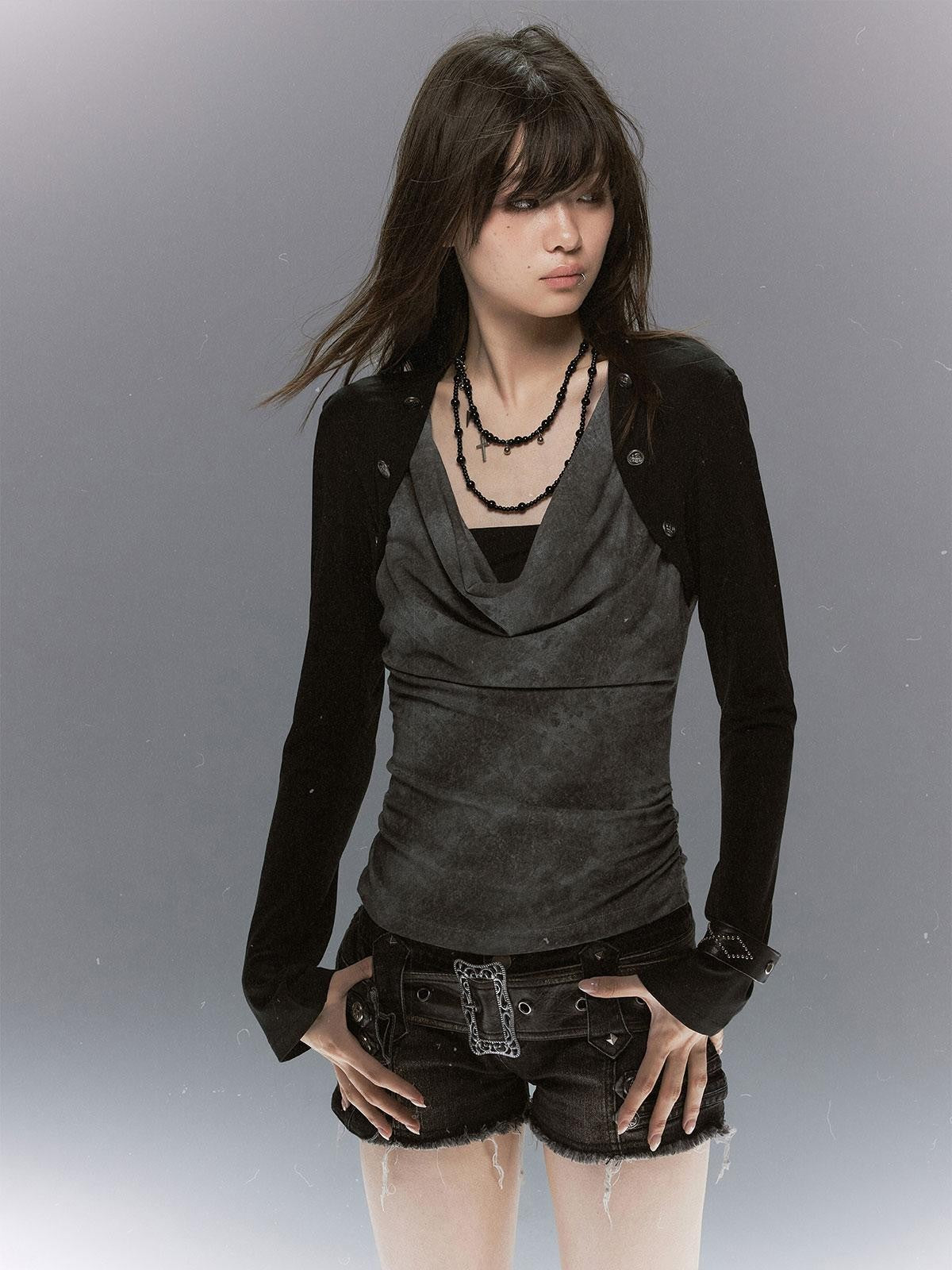 Cest Nous Distressed Print Draped Neck Layered Punk Women&