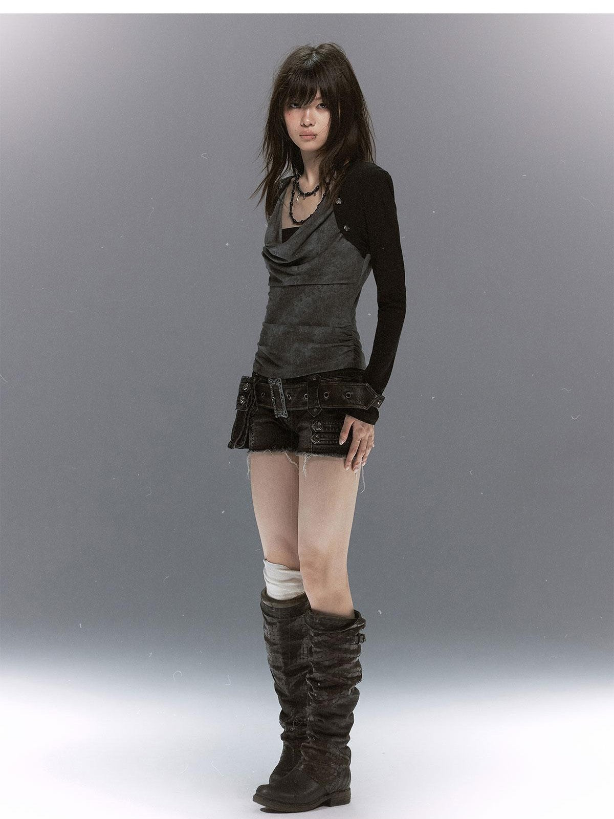 Cest Nous Distressed Print Draped Neck Layered Punk Women&