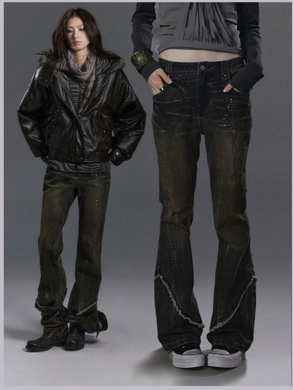 Cest Nous Distressed Studded Mud Dye Raw Edge Women&
