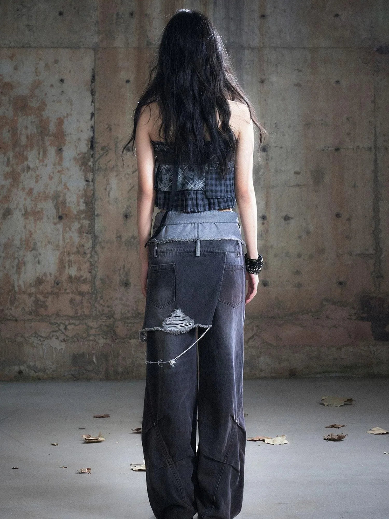 Double Waist Distressed Denim Pants With Asymmetrical Flap