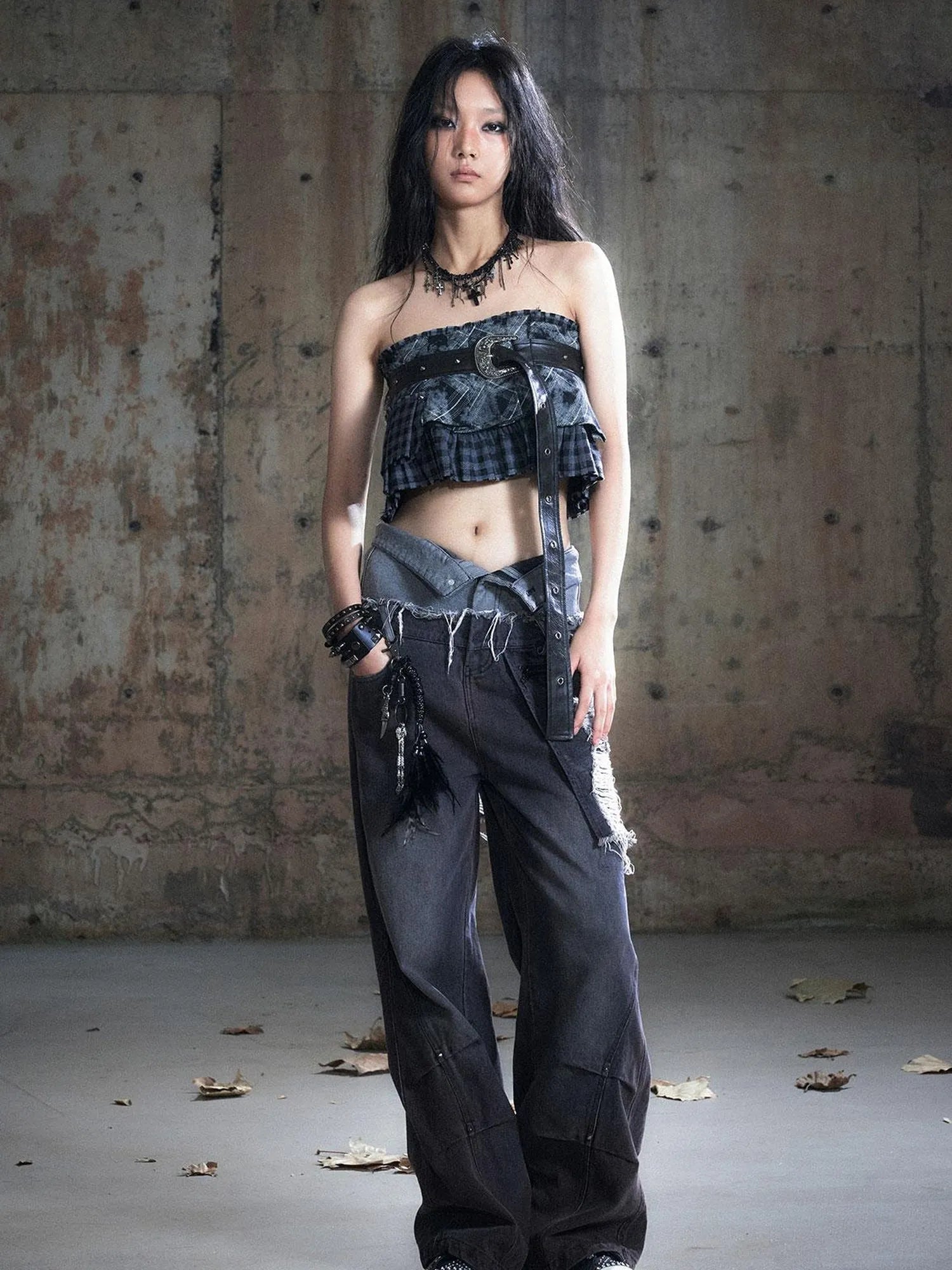 Double Waist Distressed Denim Pants With Asymmetrical Flap