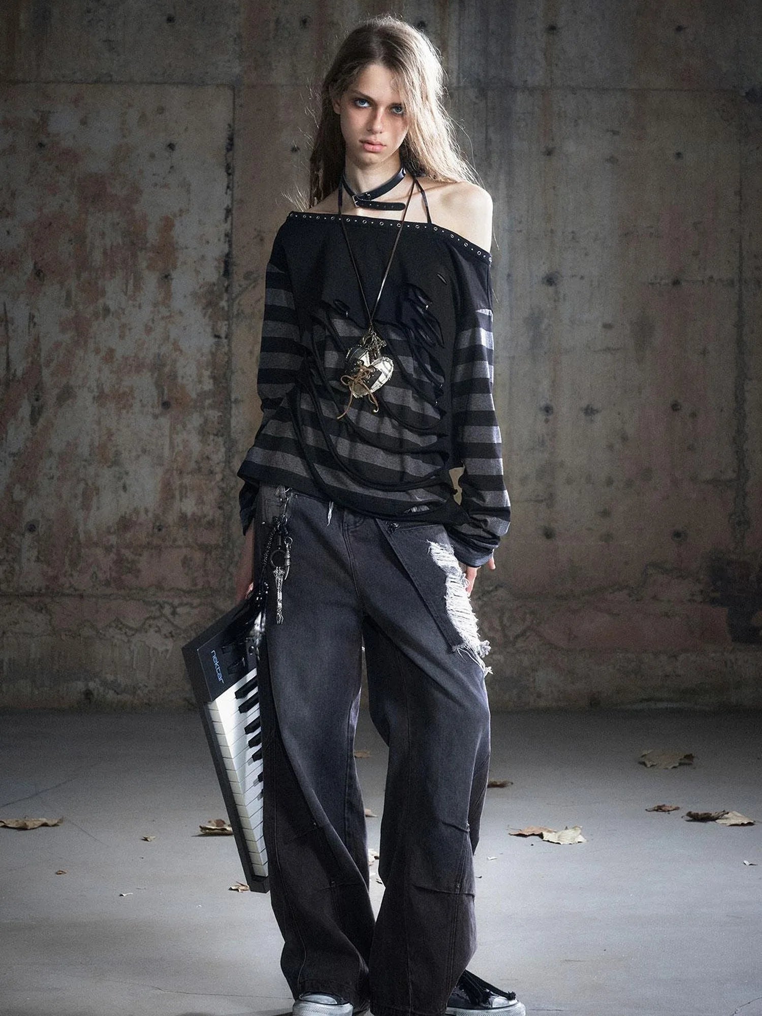 Double Waist Distressed Denim Pants With Asymmetrical Flap