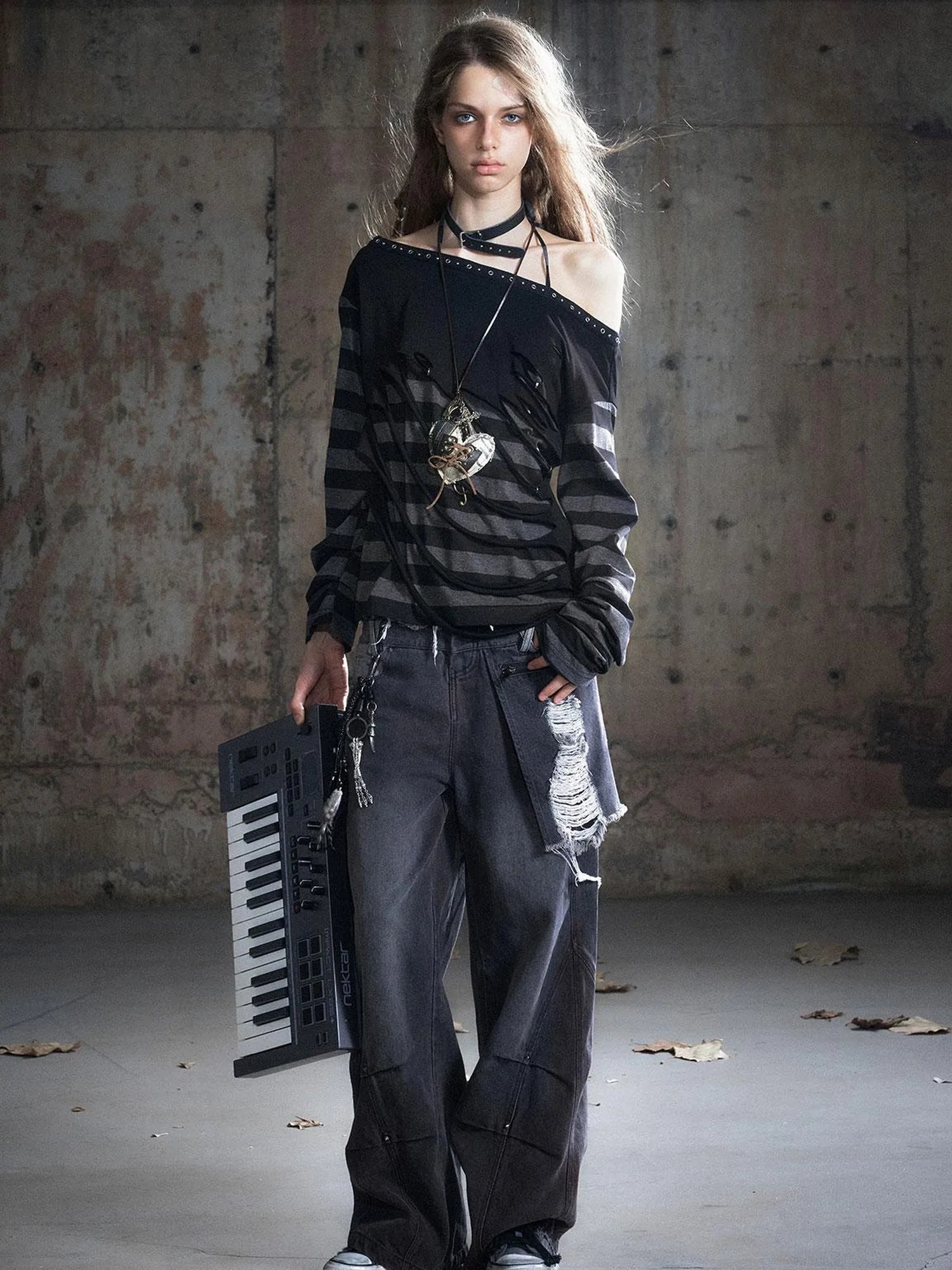 Double Waist Distressed Denim Pants With Asymmetrical Flap