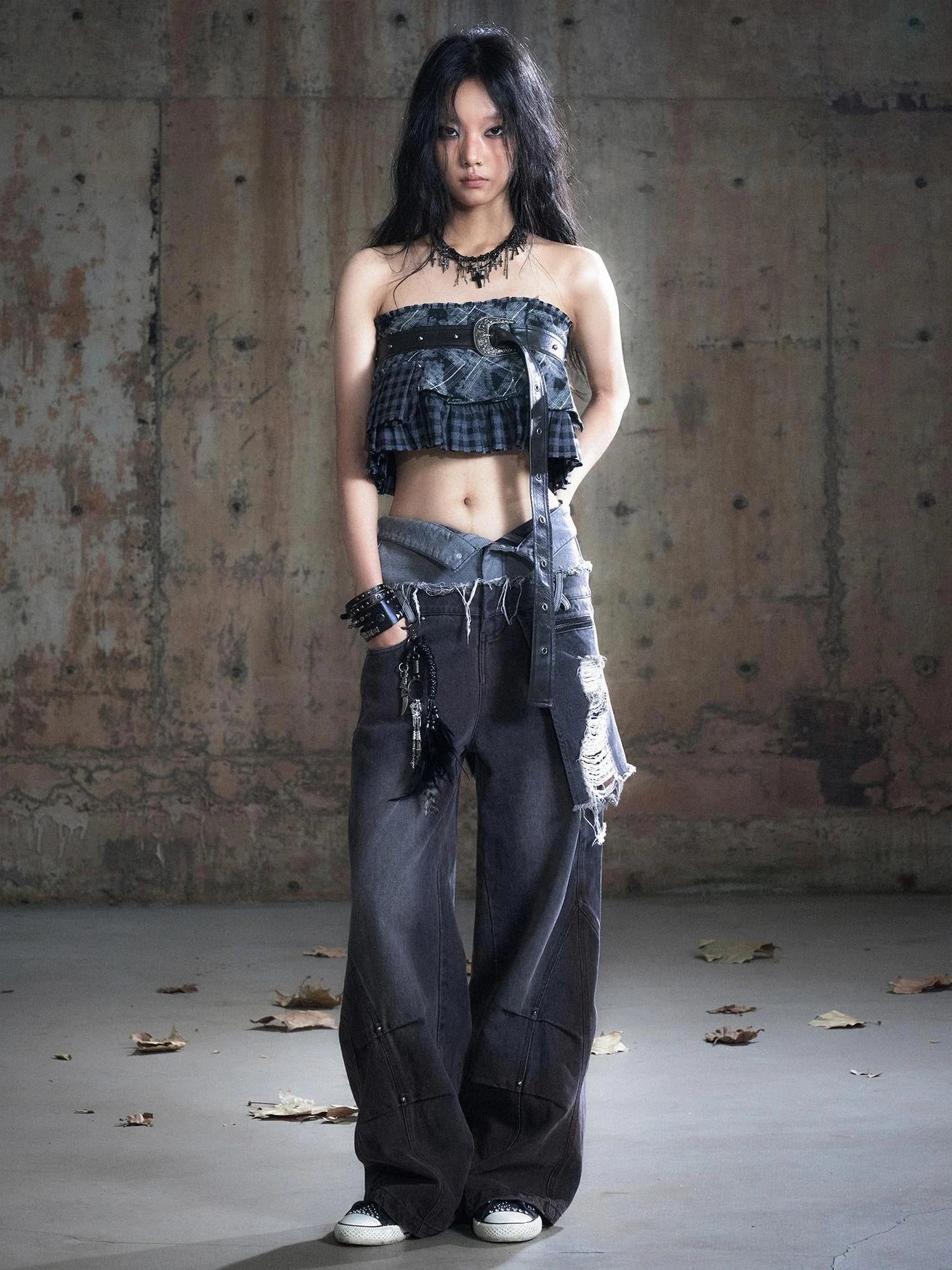 Double Waist Distressed Denim Pants With Asymmetrical Flap