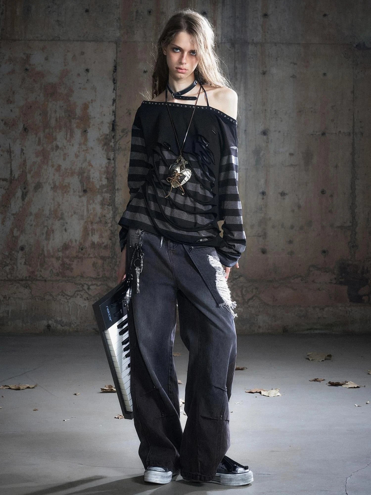 Double Waist Distressed Denim Pants With Asymmetrical Flap