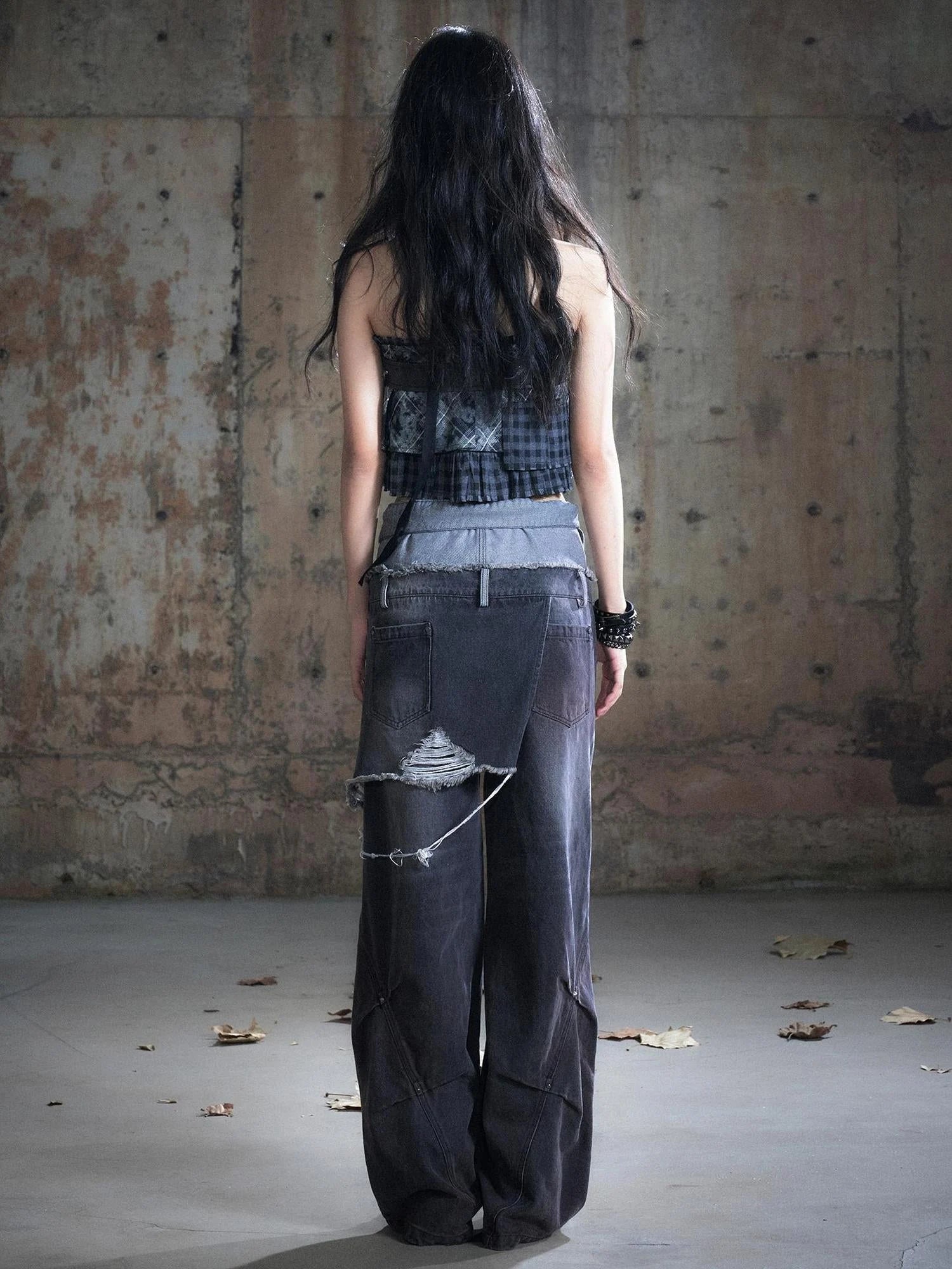 Double Waist Distressed Denim Pants With Asymmetrical Flap