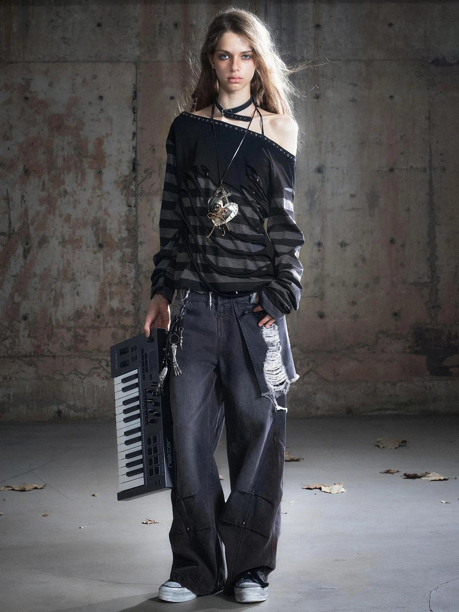 Double Waist Distressed Denim Pants With Asymmetrical Flap