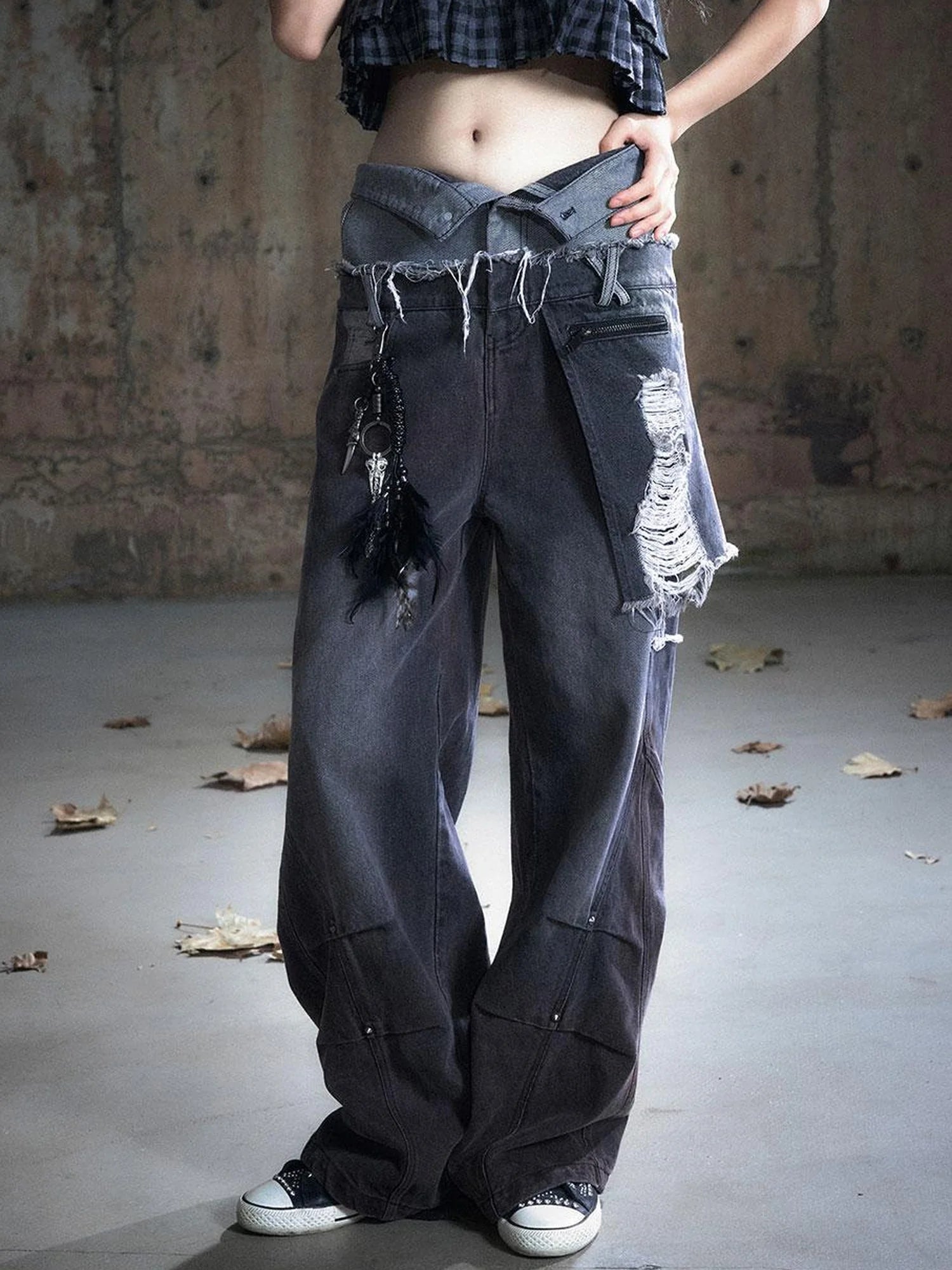 Double Waist Distressed Denim Pants With Asymmetrical Flap