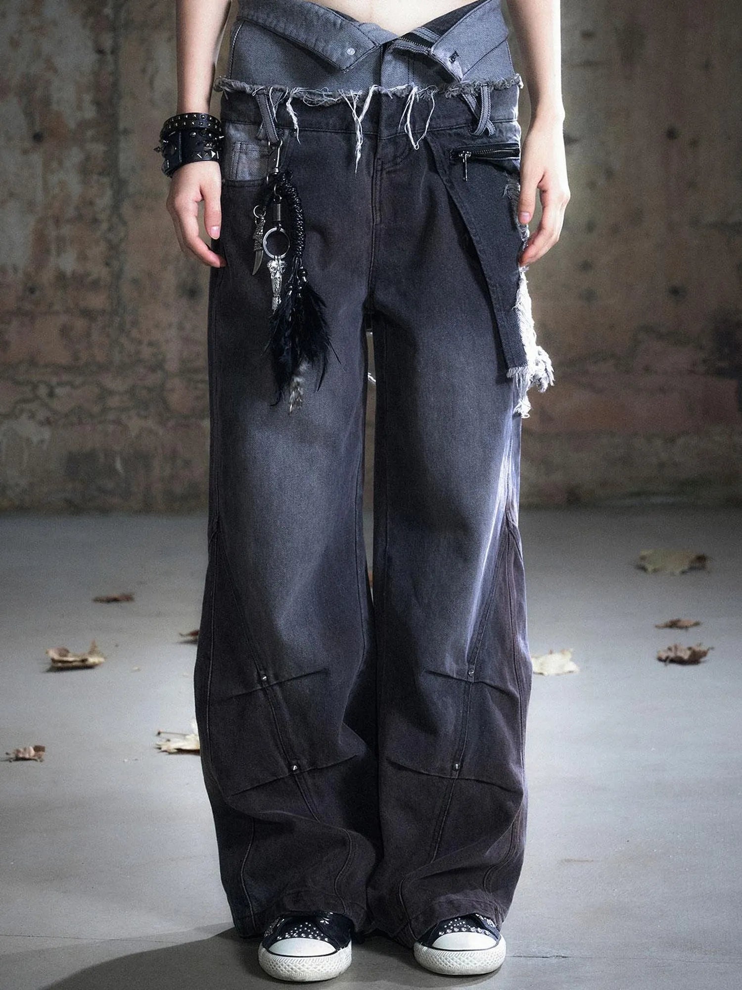 Double Waist Distressed Denim Pants With Asymmetrical Flap