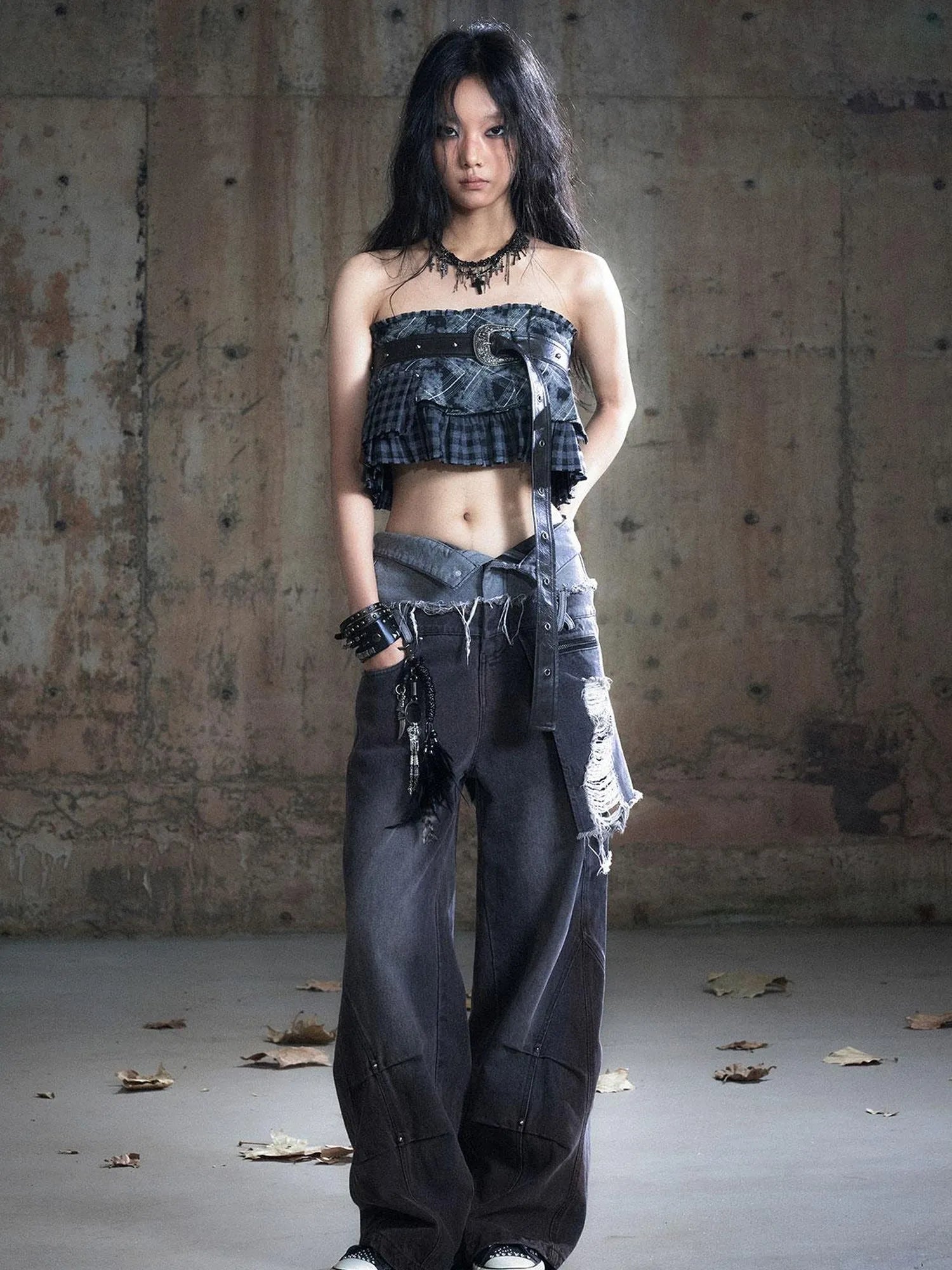 Double Waist Distressed Denim Pants With Asymmetrical Flap
