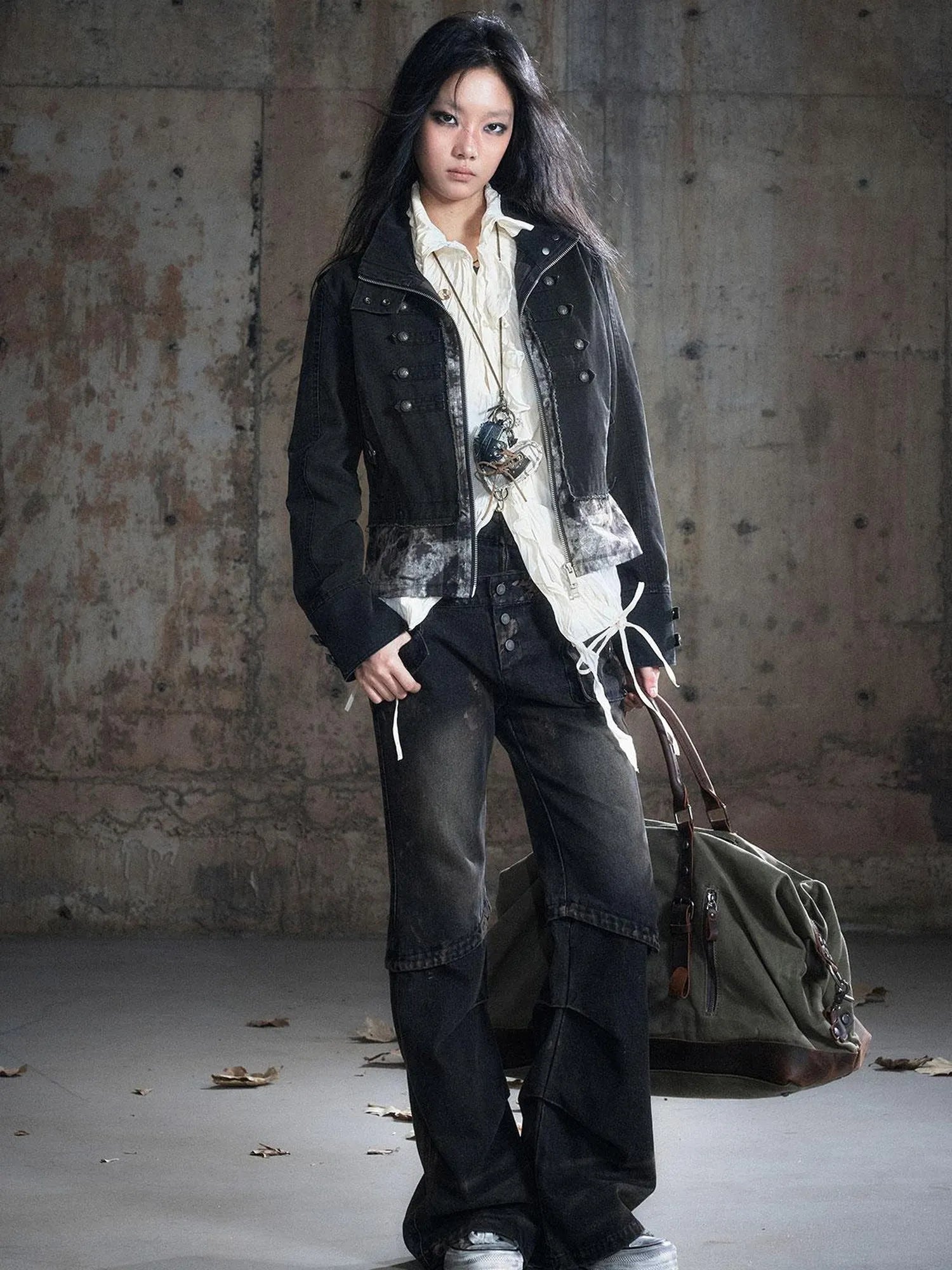 Double Waist Muddy Wash Low Rise Flared Jeans