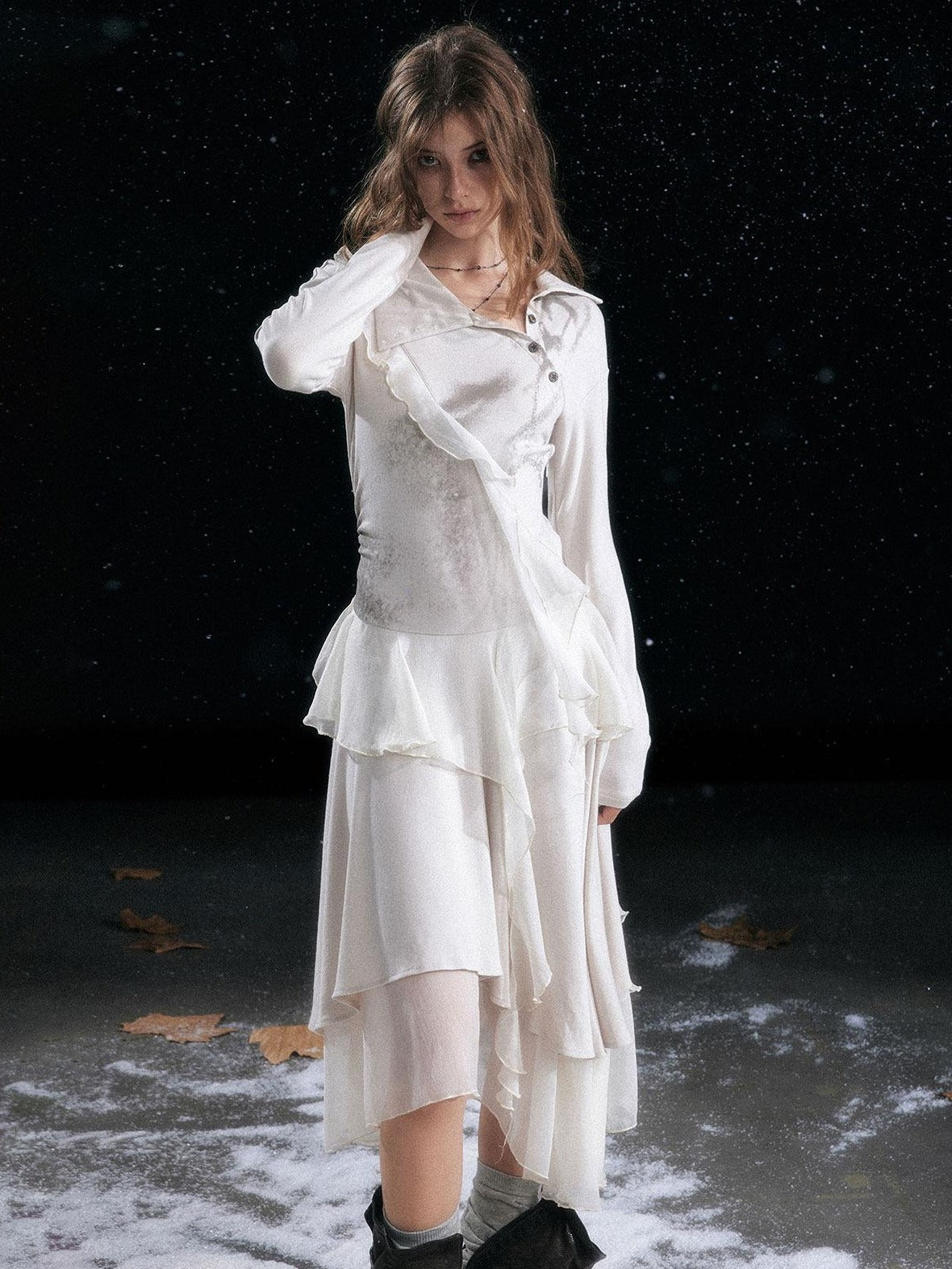 Cest Nous Edgy Punk Irregular Hem Printed Rayon Patchwork Slim Fit Ladies Midi Dresses