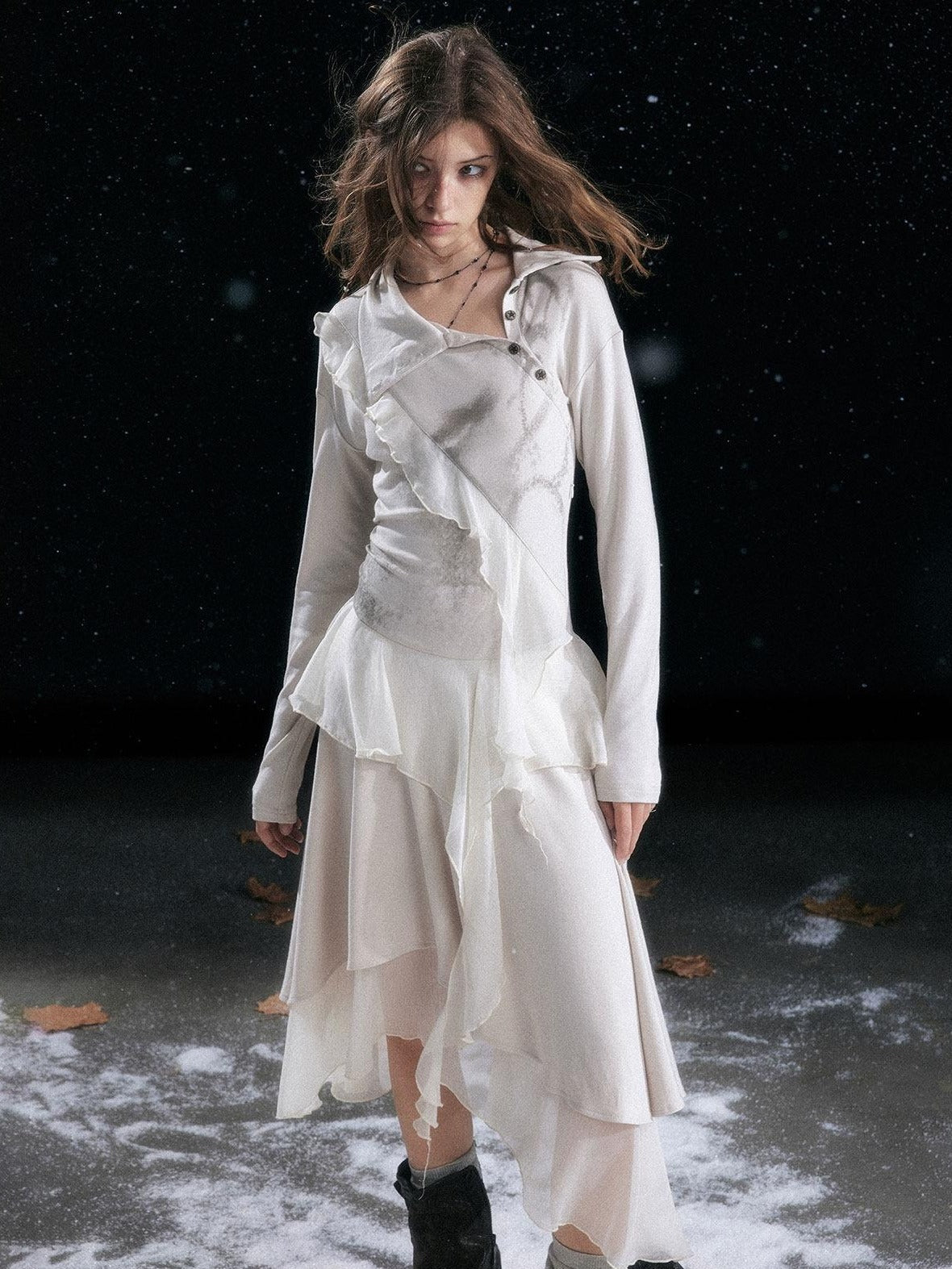 Cest Nous Edgy Punk Irregular Hem Printed Rayon Patchwork Slim Fit Ladies Midi Dresses