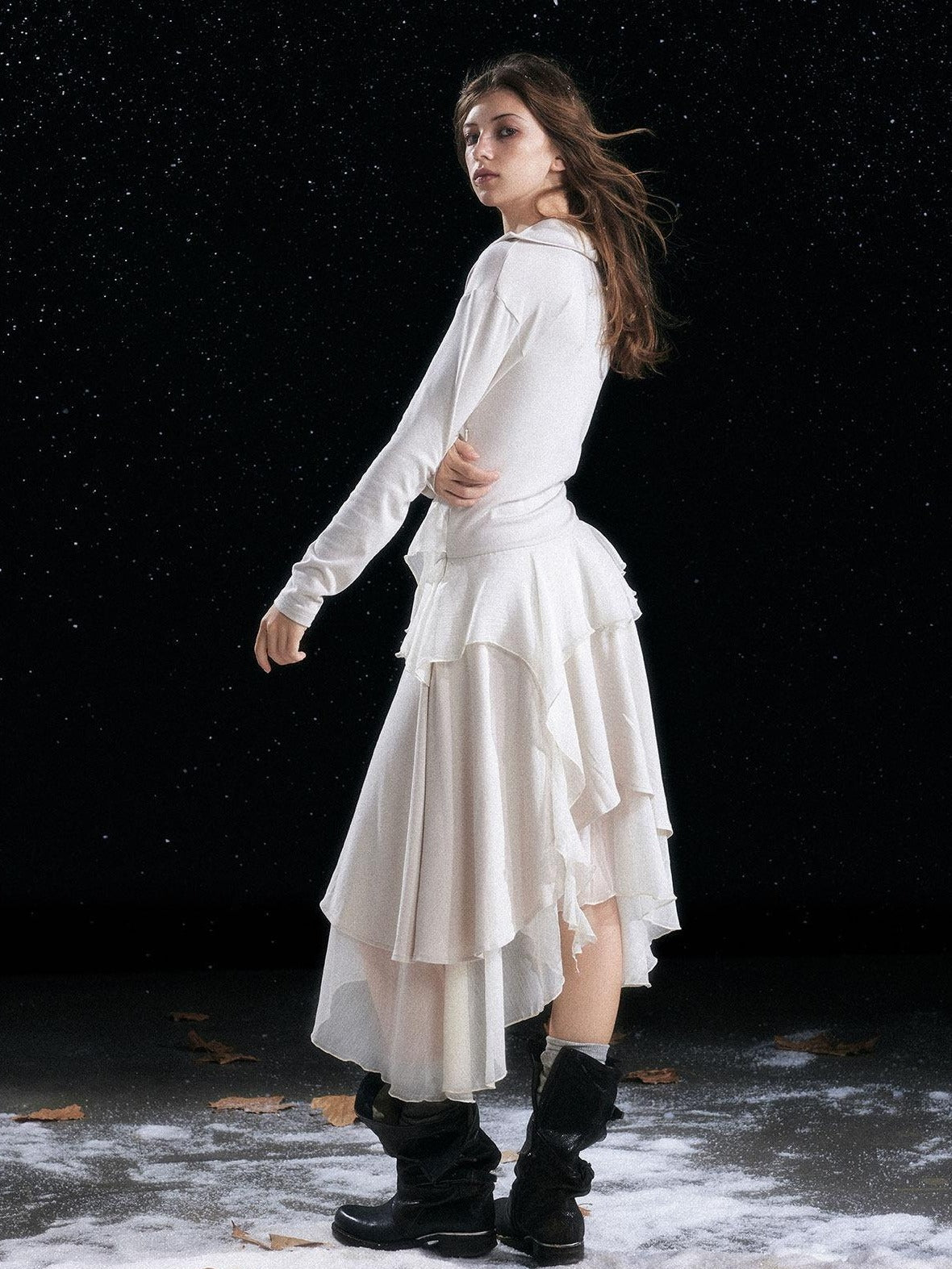 Cest Nous Edgy Punk Irregular Hem Printed Rayon Patchwork Slim Fit Ladies Midi Dresses