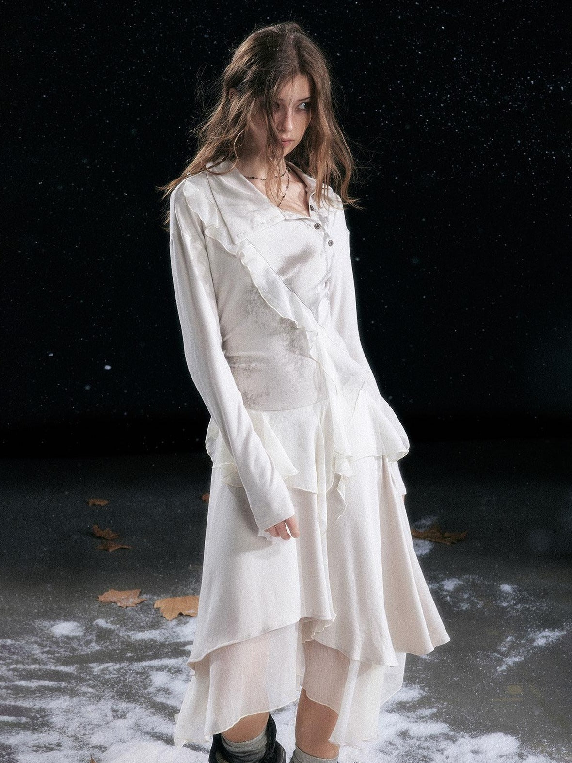 Cest Nous Edgy Punk Irregular Hem Printed Rayon Patchwork Slim Fit Ladies Midi Dresses