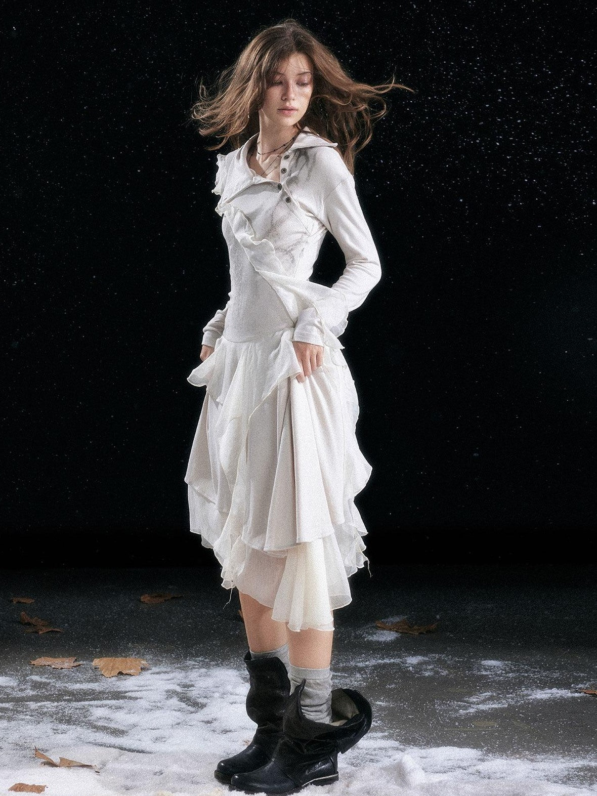 Cest Nous Edgy Punk Irregular Hem Printed Rayon Patchwork Slim Fit Ladies Midi Dresses