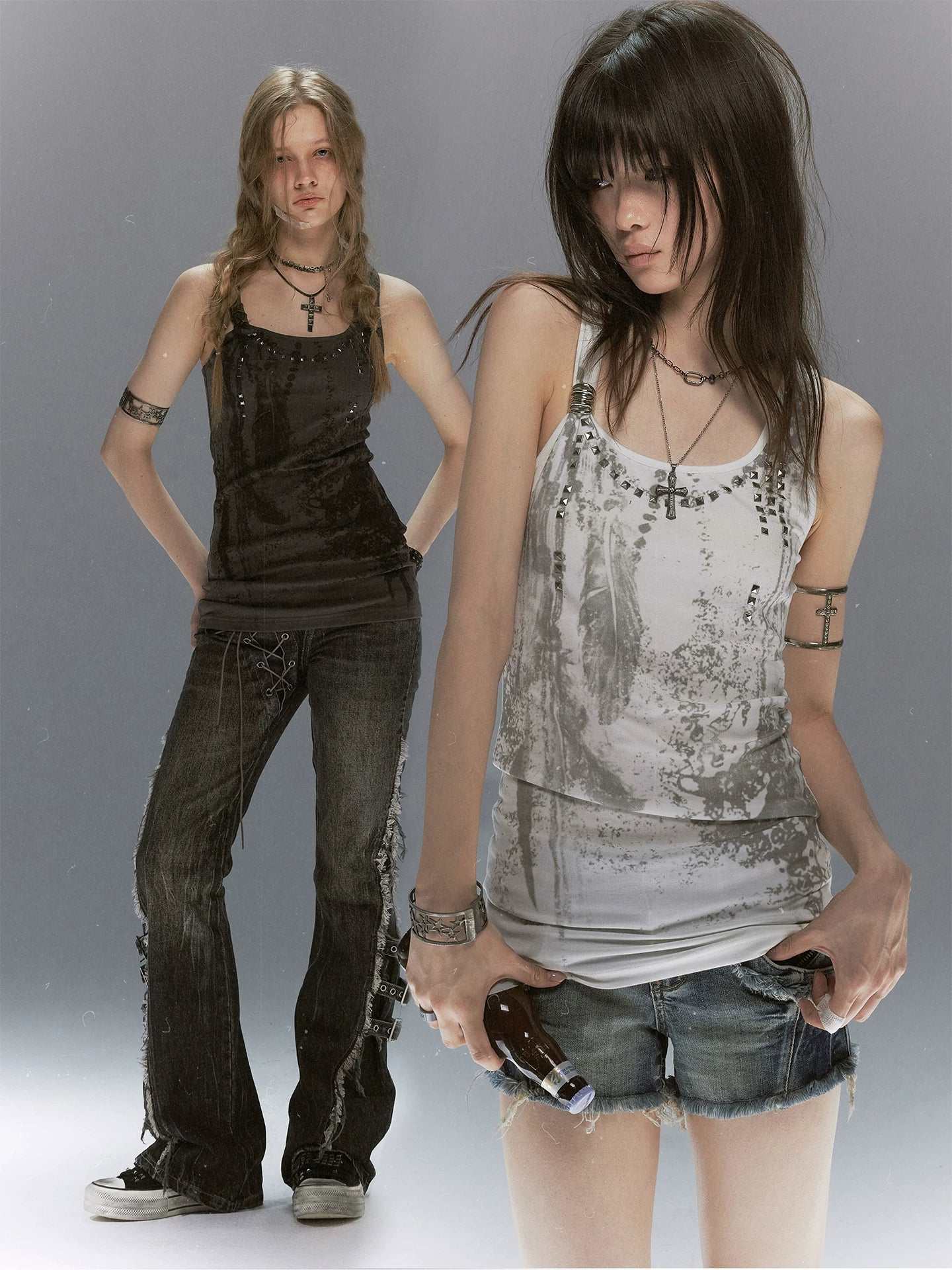 Cest Nous Feather Chain Metal Buckle Mottled Print Slim Fit Women&