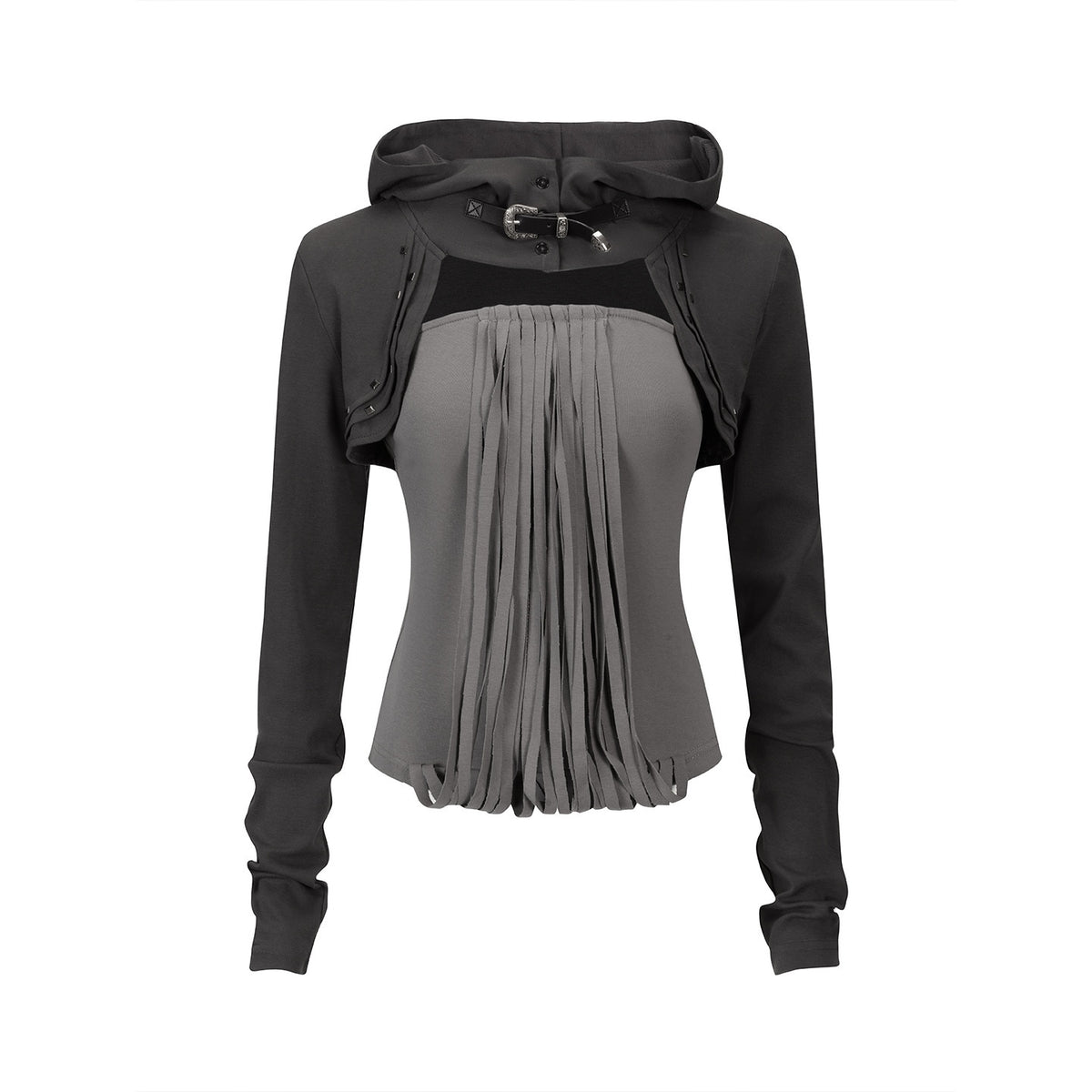 Cest_Nous_Fringed_Studded_Distressed_Hooded_Long_Sleeve_Two_Piece_Women&