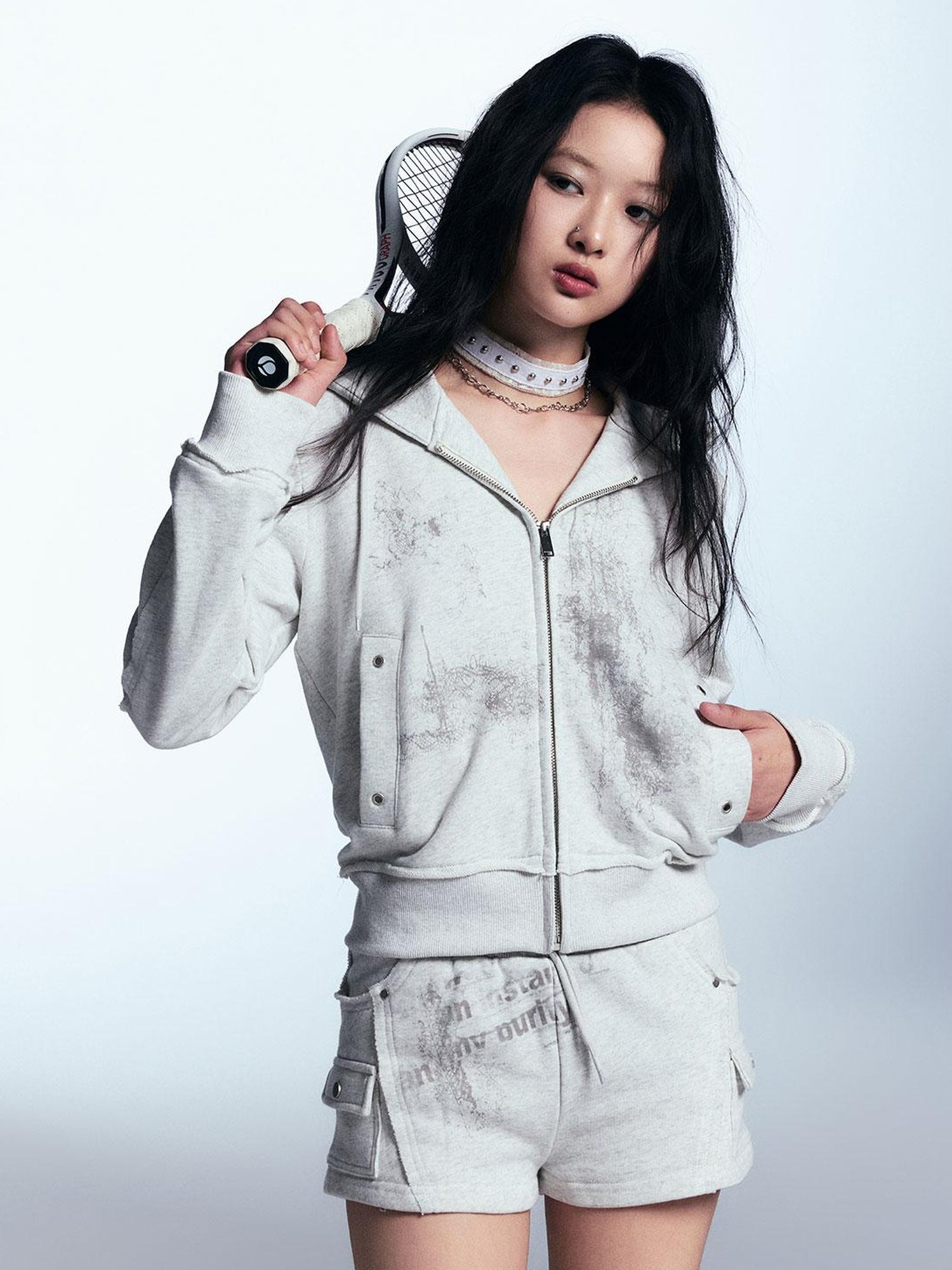 Cest Nous Graffiti Lace Print Knit Hoodie Shorts Set