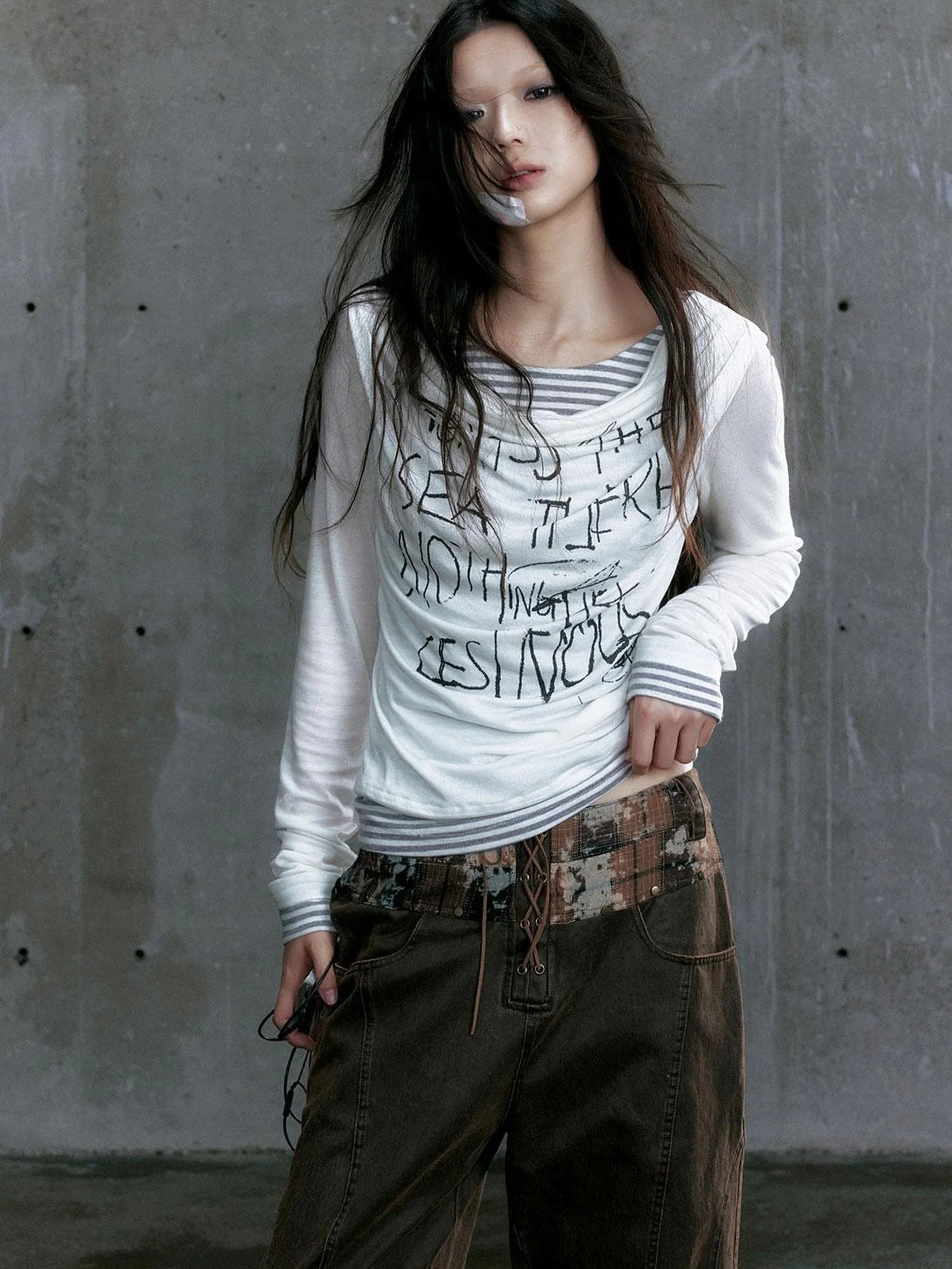 Graffiti Poetry Layered Collar Striped Knit Top