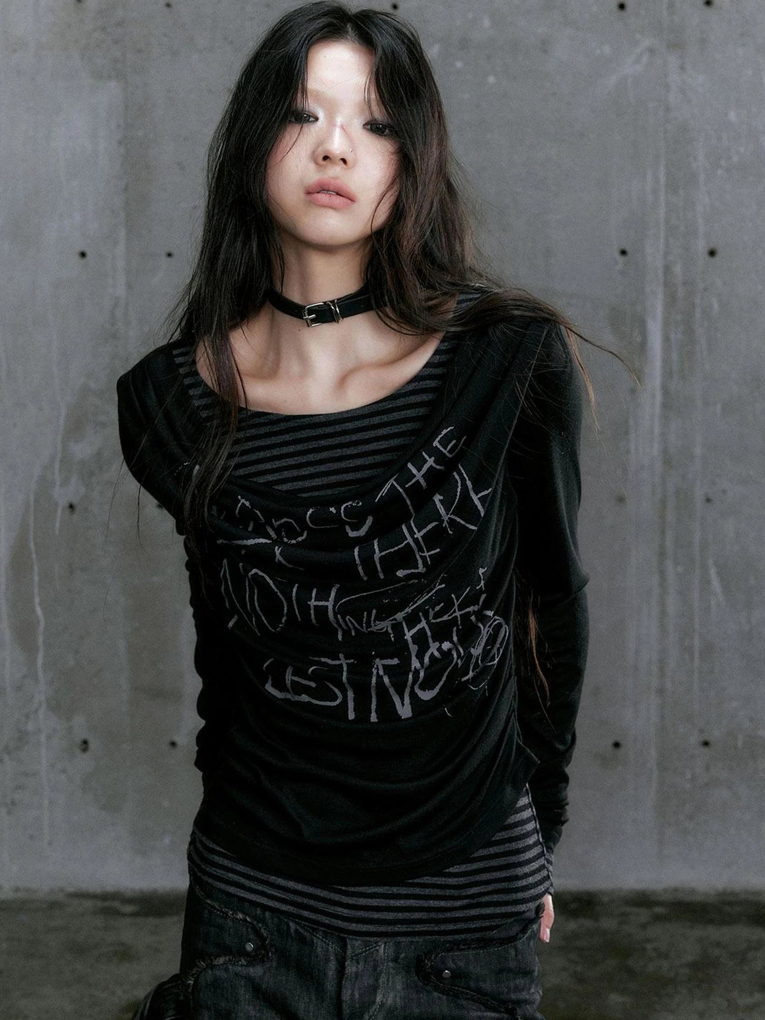 Graffiti Poetry Layered Collar Striped Knit Top