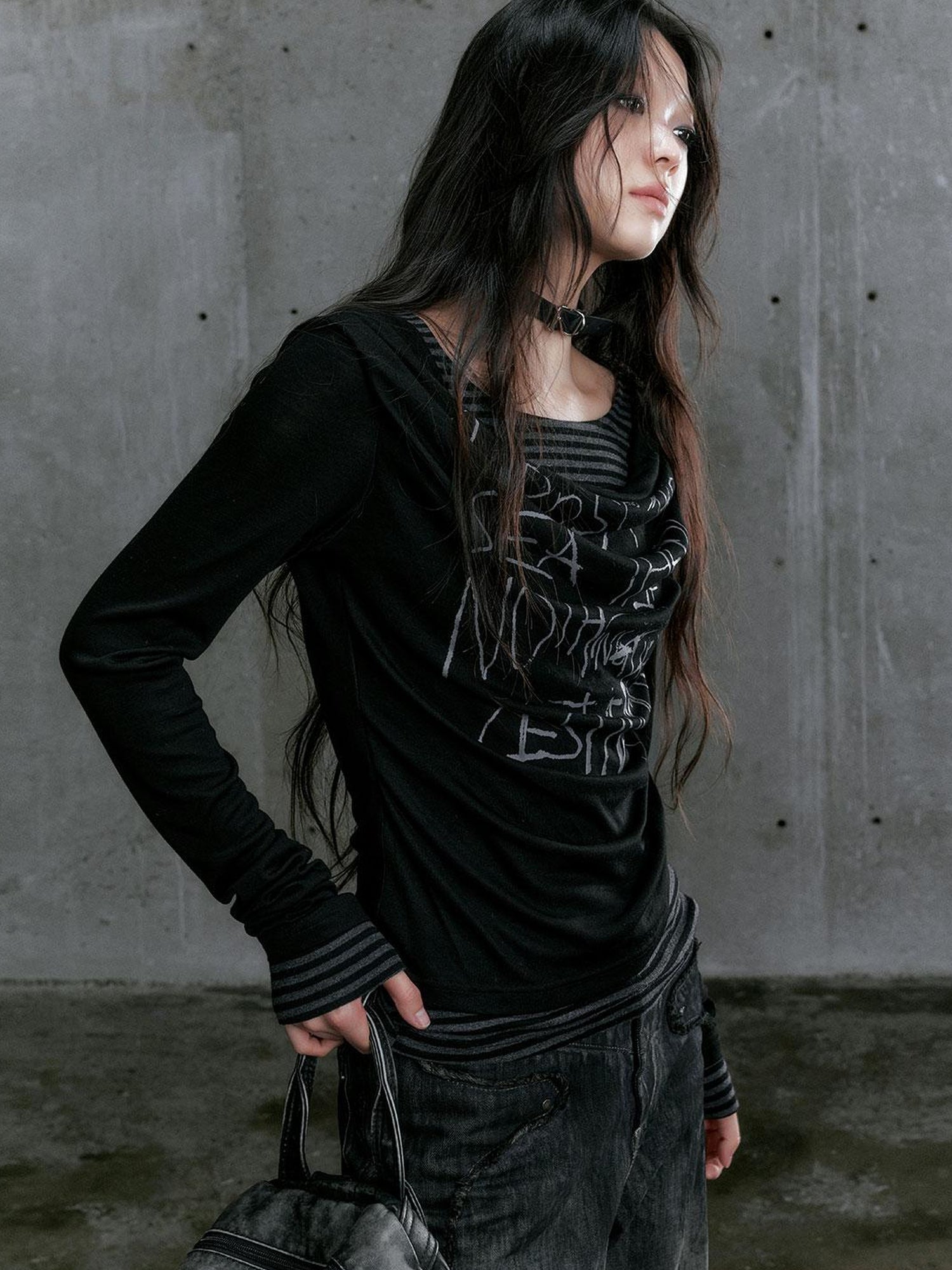 Update Cest Nous Graffiti Poetry Layered Collar Striped Knit Top